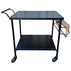 Original Vintage Jacques Adnet Bar Cart en cuir noir et osier Stitch by Stitch