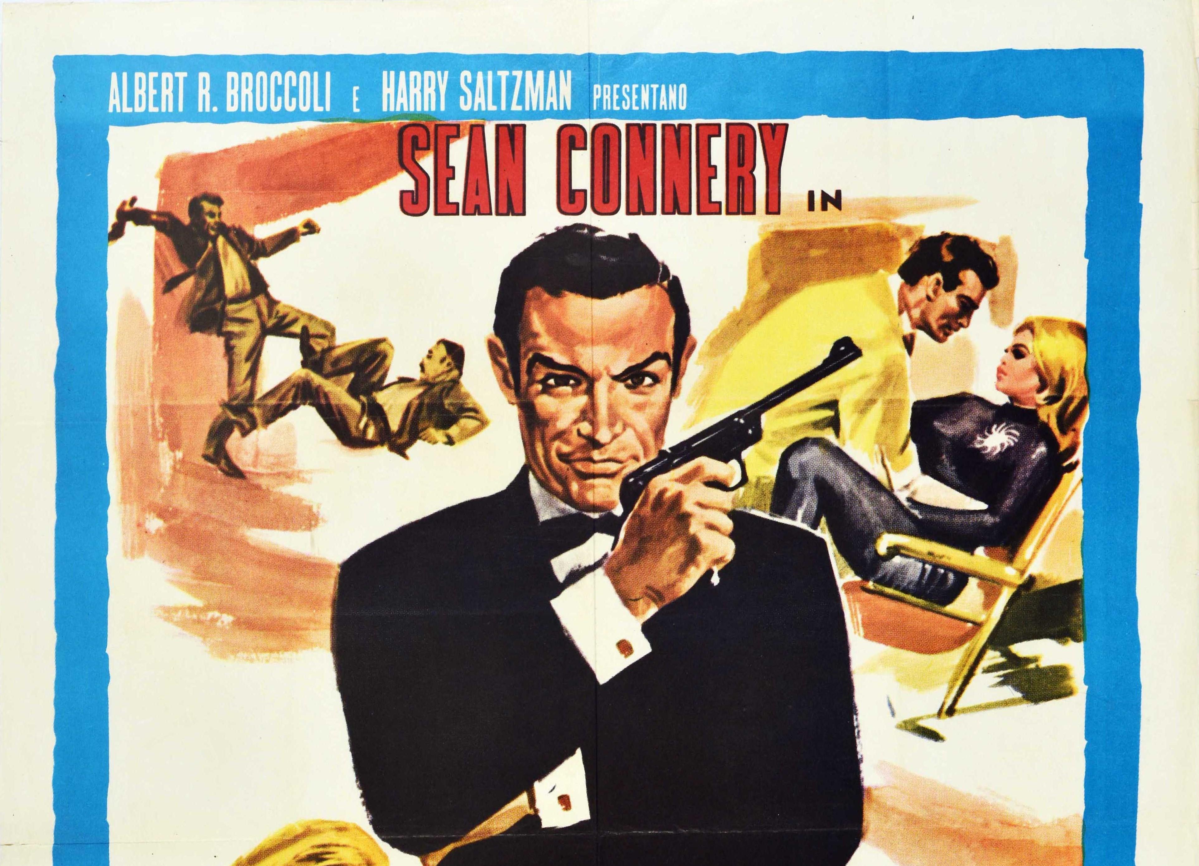 Original vintage 007 movie poster for the Italian re-release of the classic British spy thriller Goldfinger (the third film in the James Bond film series) directed by Guy Hamilton and starring Sean Connery with Honor Blackman as Bond Girl Pussy