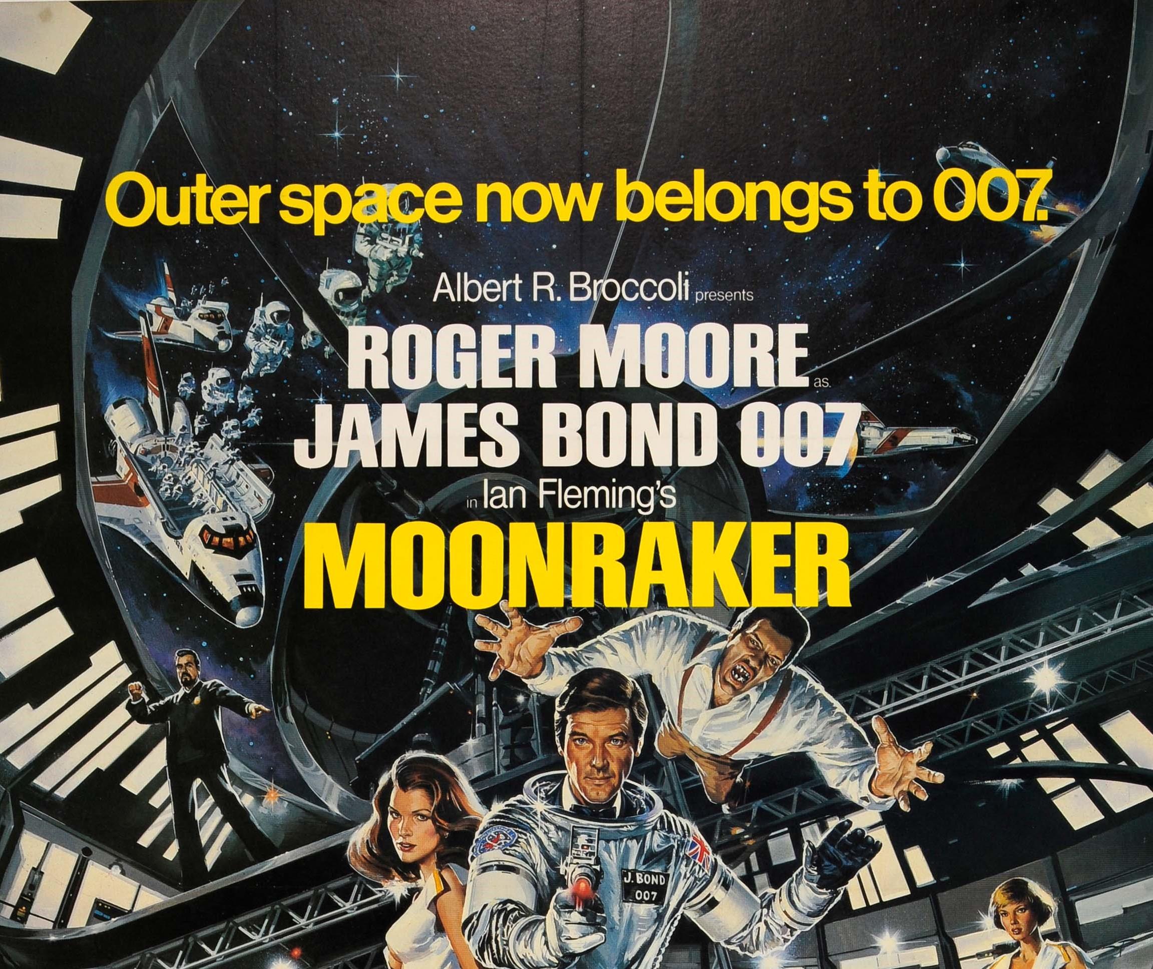 Original vintage cinema poster for the 007 James Bond movie Moonraker starring Roger Moore, Lois Chiles (Holly Goodhead), Michael Lonsdale (Hugo Drax) and Richard Kiel (Jaws) - Outer space now belongs to 007 - directed by Lewis Gilbert. Great image