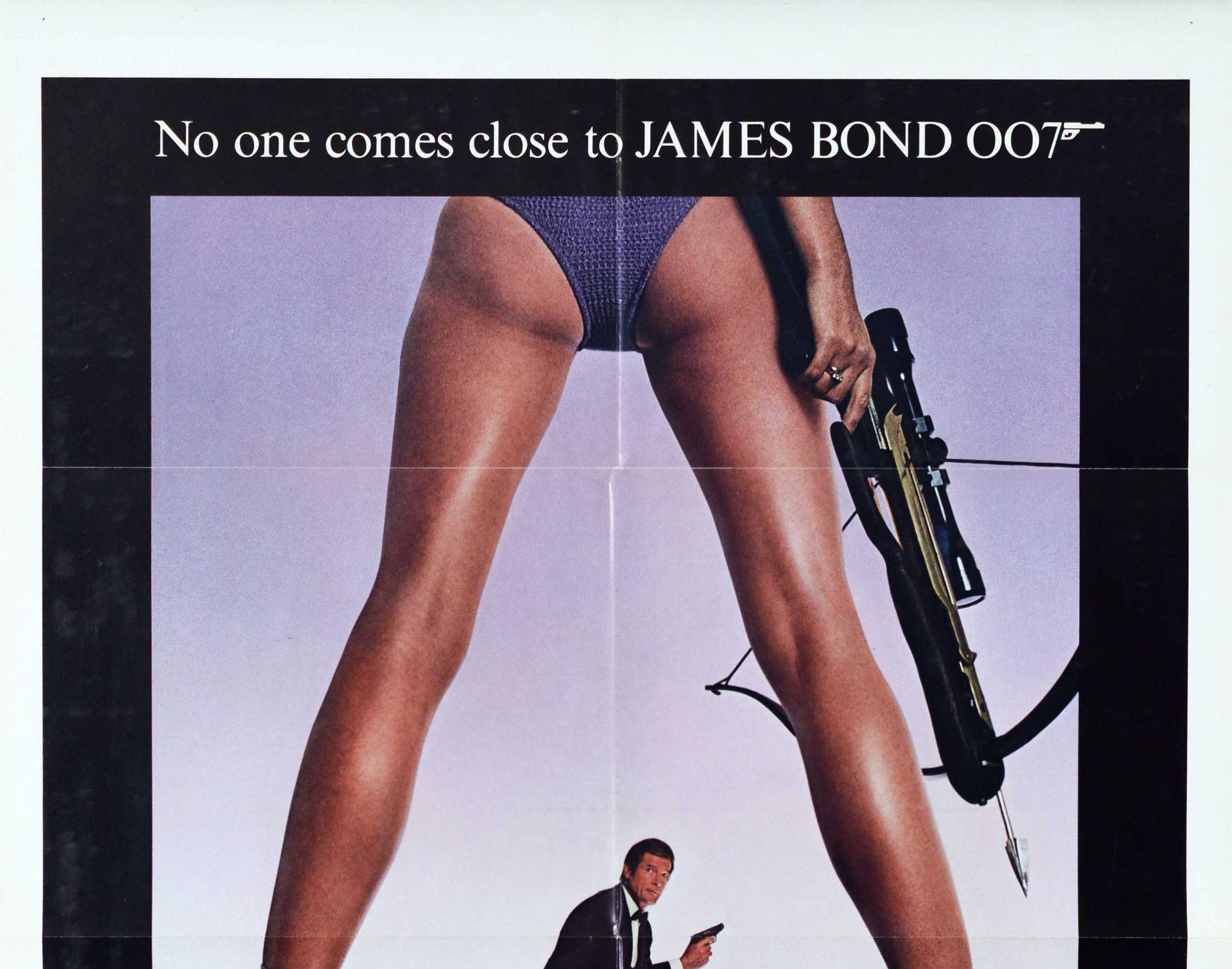 Original vintage film poster for the 007 movie For Your Eyes Only starring Roger Moore, Carole Bouquet and Chaim Topol - No one comes close to James Bond 007 - featuring an image of James Bond in a suit and holding a pistol gun viewed between a pair