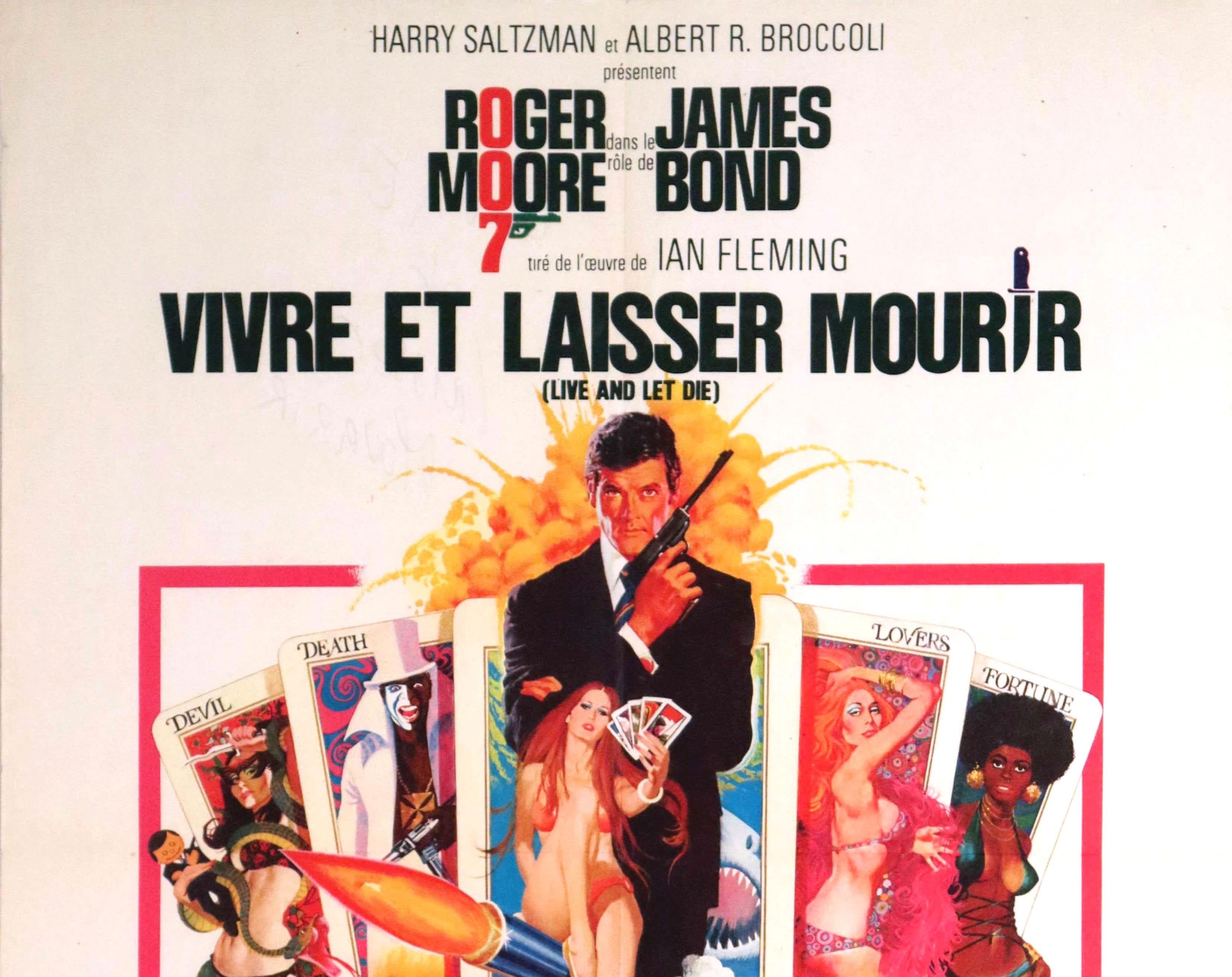 Original vintage movie poster for the French release of the James Bond 007 film Live And Let Die directed by Guy Hamilton, the first to star Roger Moore as the British spy with Yaphet Kotto, Jane Seymour, Clifton James and Julius Harris. Fantastic
