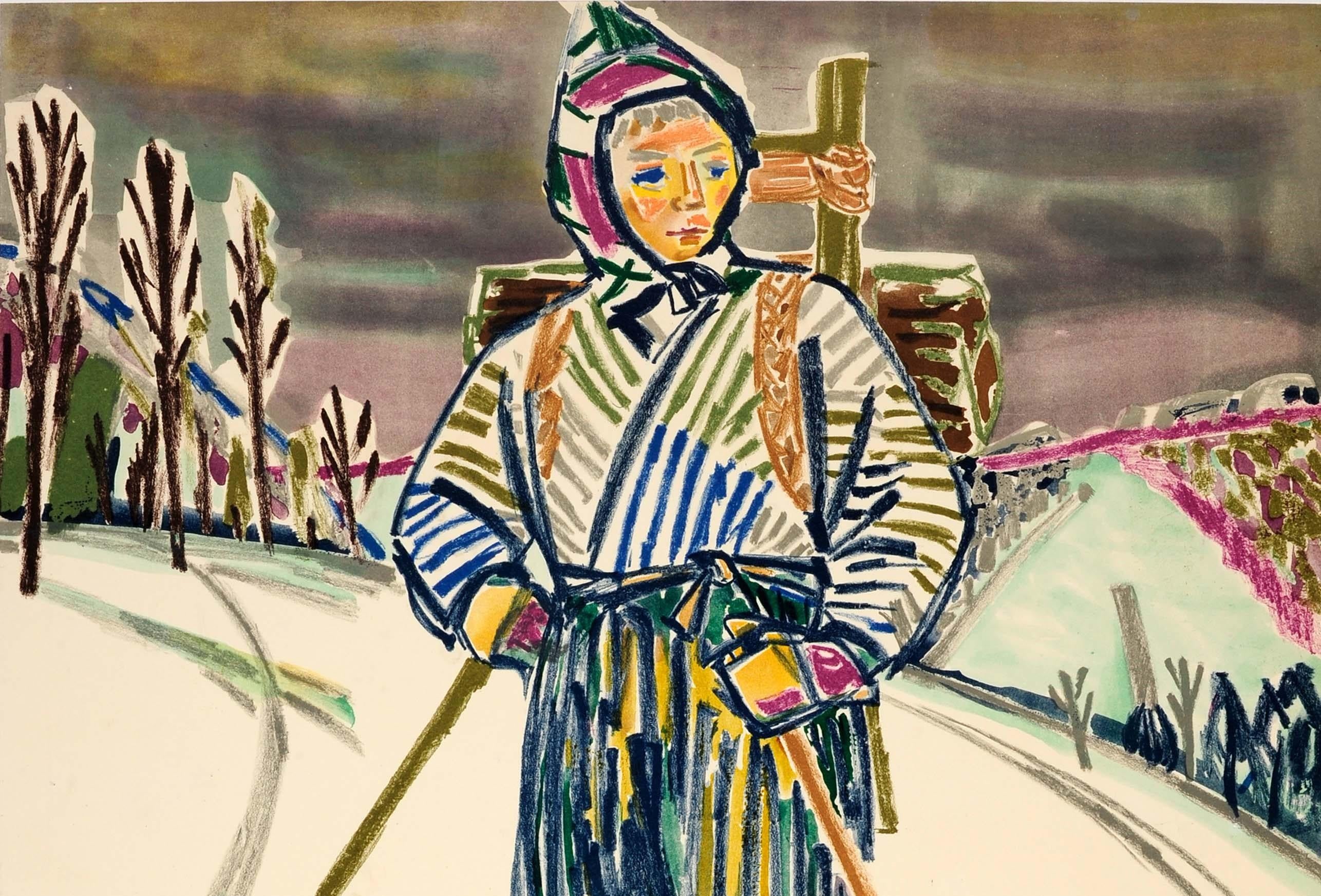 Original vintage Japanese travel poster for Nozawa Onsen featuring a great illustration of a cross country skier dressed in traditional warm clothing, carrying a backpack and holding bamboo ski poles with the trees lining the snowy landscape in the