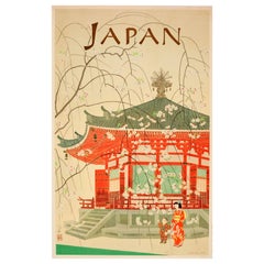 Original Vintage Japan Travel Poster for Rokakudo Temple Kyoto - Cherry Blossoms