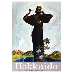 Poster di viaggio originale d'epoca del Giappone Isola di Hokkaido Ferrovia Musica Lago Vulcano