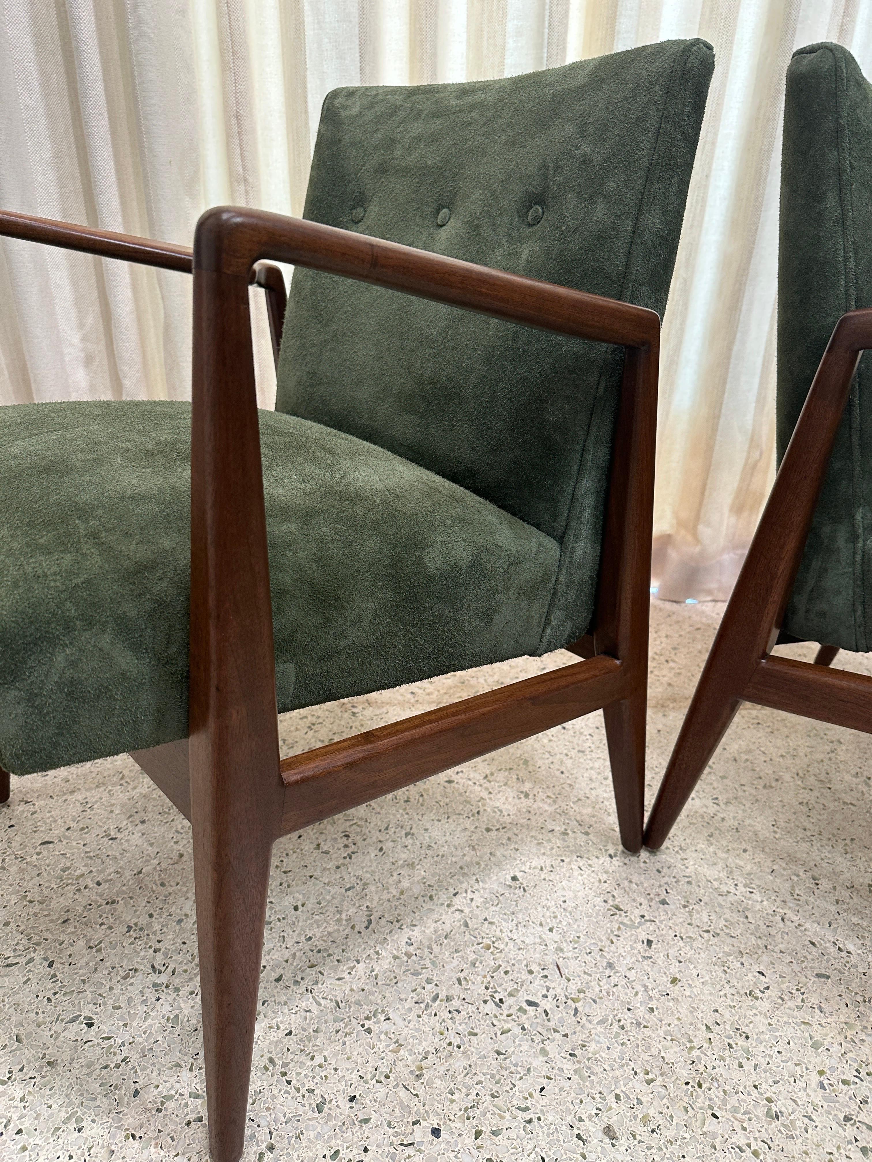 Mid-20th Century Original Vintage Jens Risom Armchairs in Green Suede w/ Label, PAIR For Sale