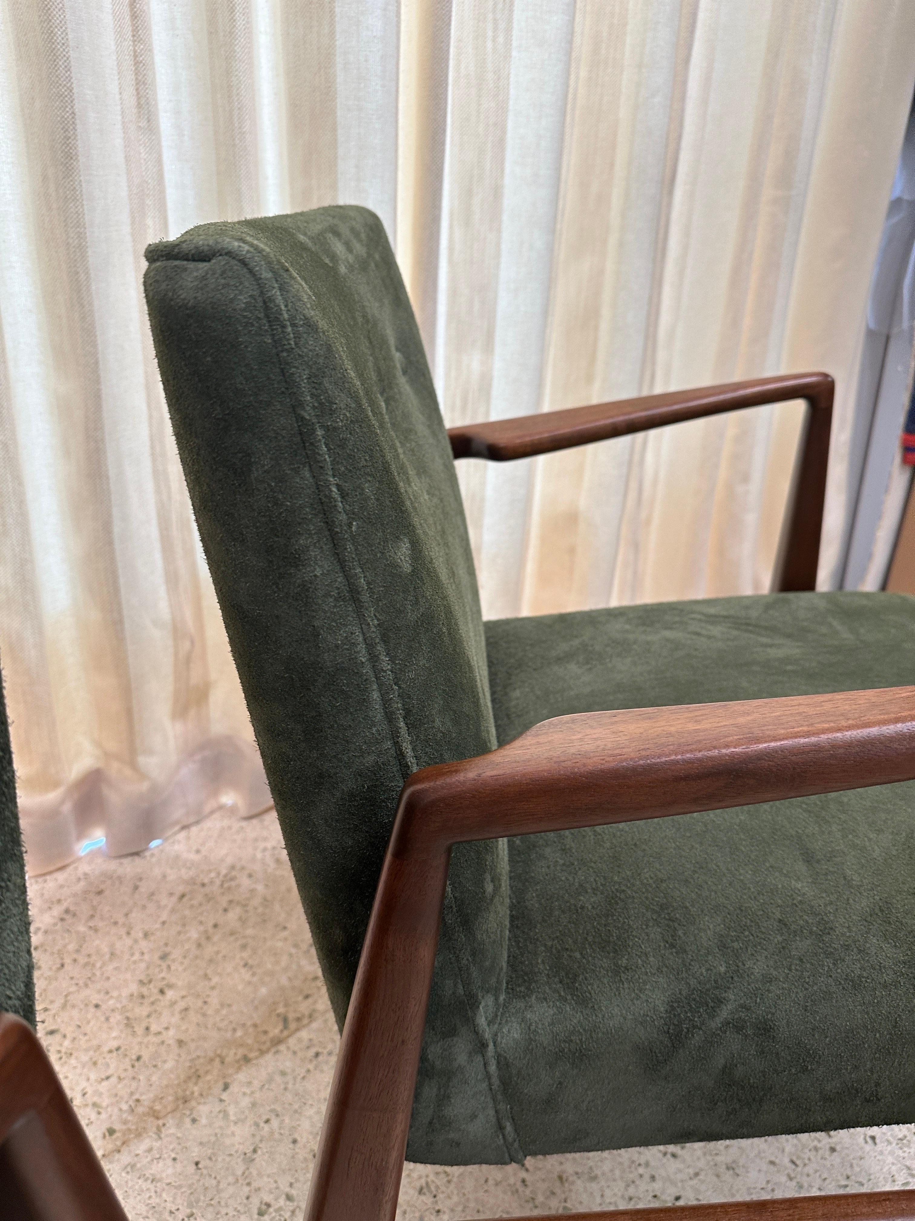 Original Vintage Jens Risom Armchairs in Green Suede w/ Label, PAIR For Sale 1