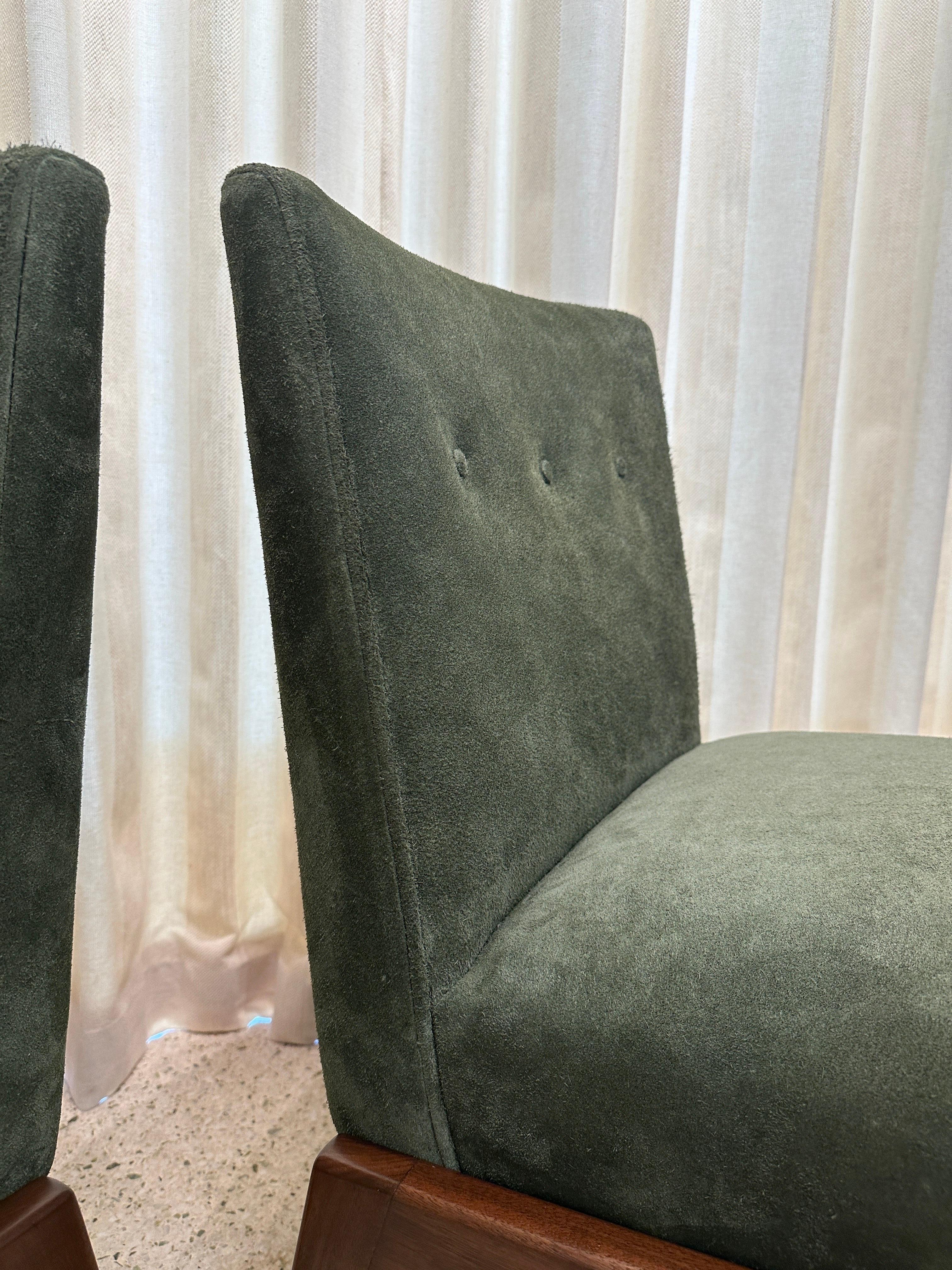 Mid-Century Modern Original Vintage Jens Risom Chairs in Green Suede w/ Label, PAIR For Sale