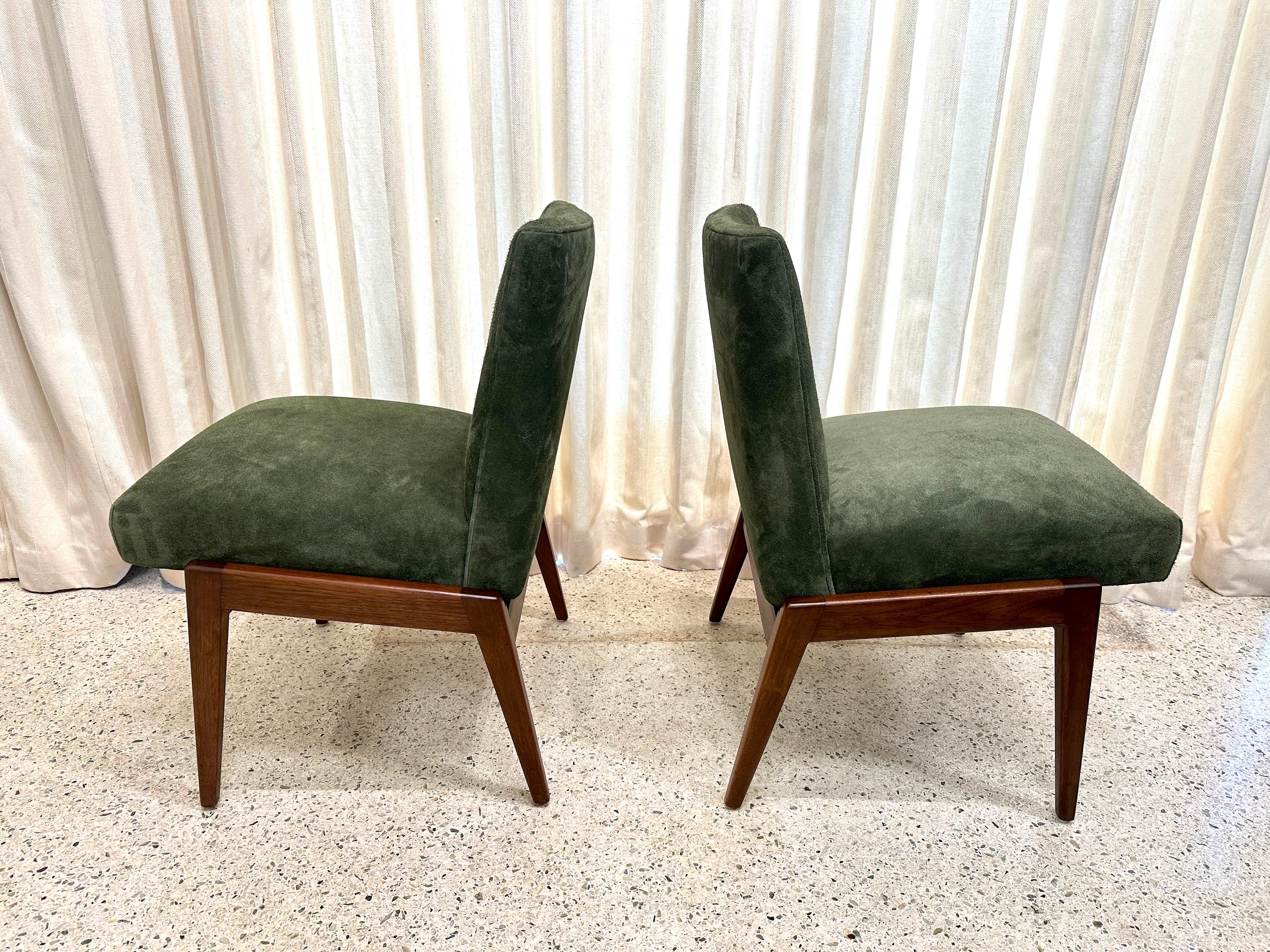 Danish Original Vintage Jens Risom Chairs in Green Suede w/ Label, PAIR For Sale