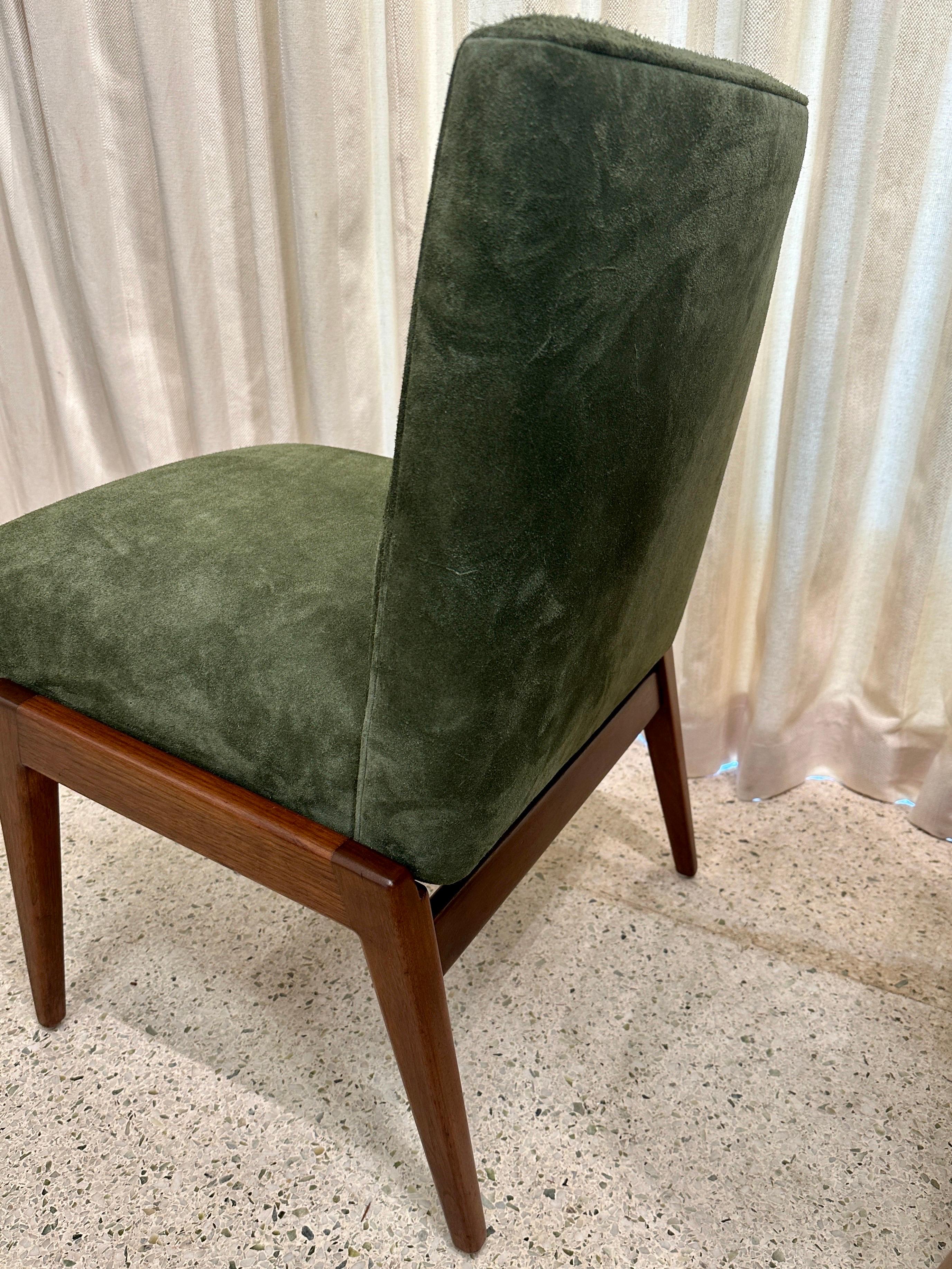 Original Vintage Jens Risom Chairs in Green Suede w/ Label, PAIR In Good Condition For Sale In East Hampton, NY