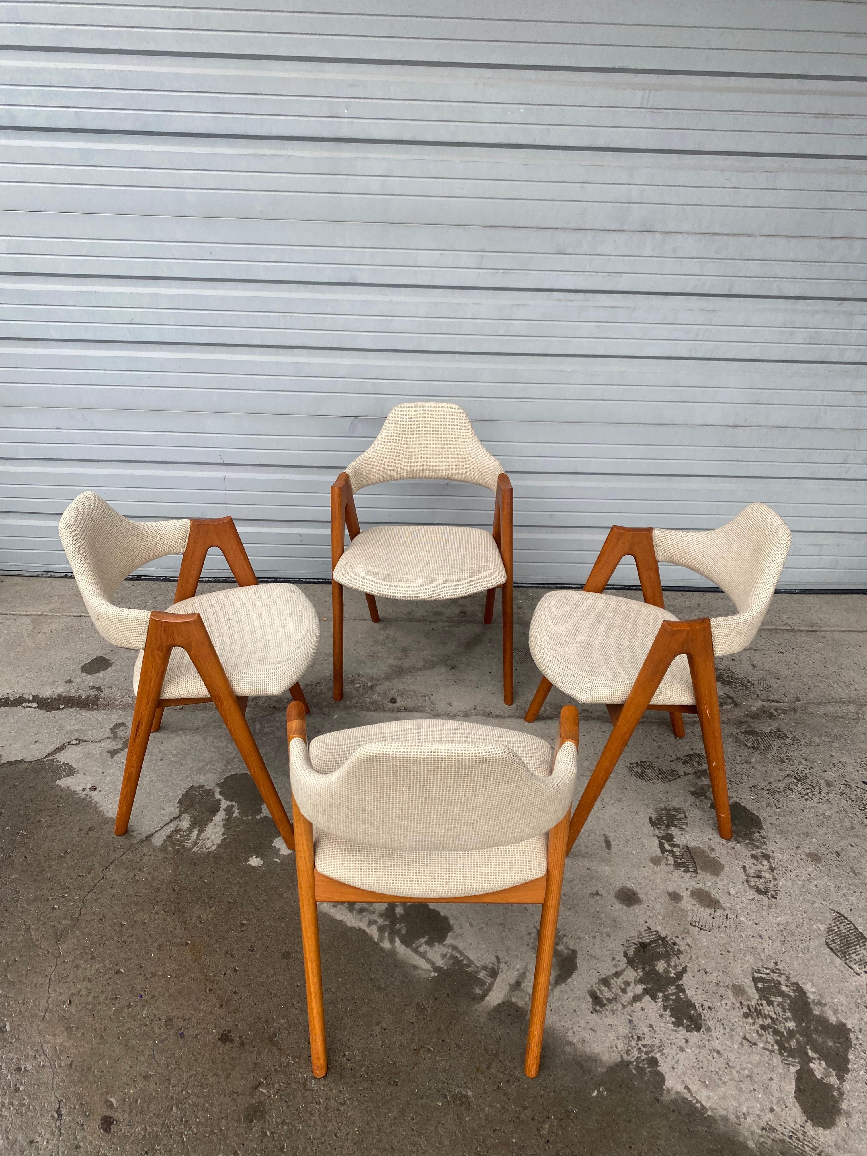 Stunning set of 4 Kai Kritiansen Compass Chairs manufactured by SVA Mobler, Made in Denmark, Superior quality and construction. Amazing design, Retains original fabric as well as original finish / patina. Very comfortable, super stylish. Hand