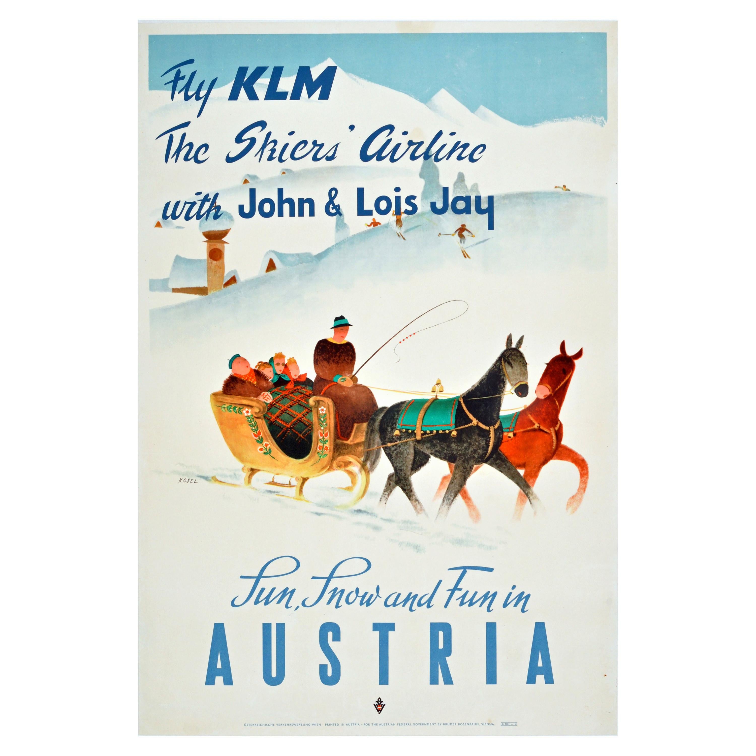 Affiche de voyage vintage originale de KLM, Sport d'hiver, Ski, Soleil, Neige et Fun en Autriche
