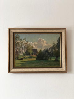 Pintura al óleo original Vintage Landscape Cottage Nature, circa 1925