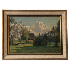 Pintura al óleo original Vintage Landscape Cottage Nature, circa 1925