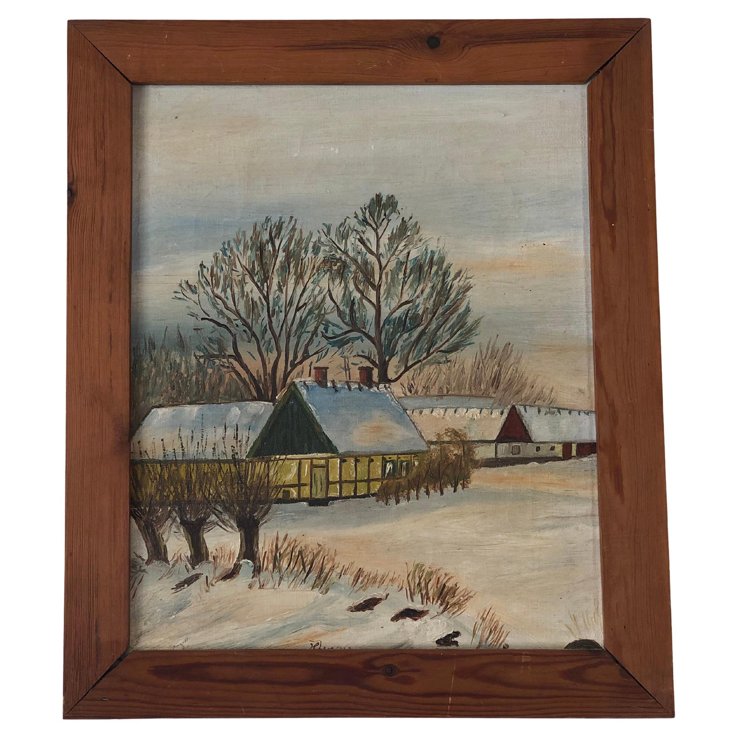Vintage Original Cottage Oil Painting: Framed Winter Landscape Art