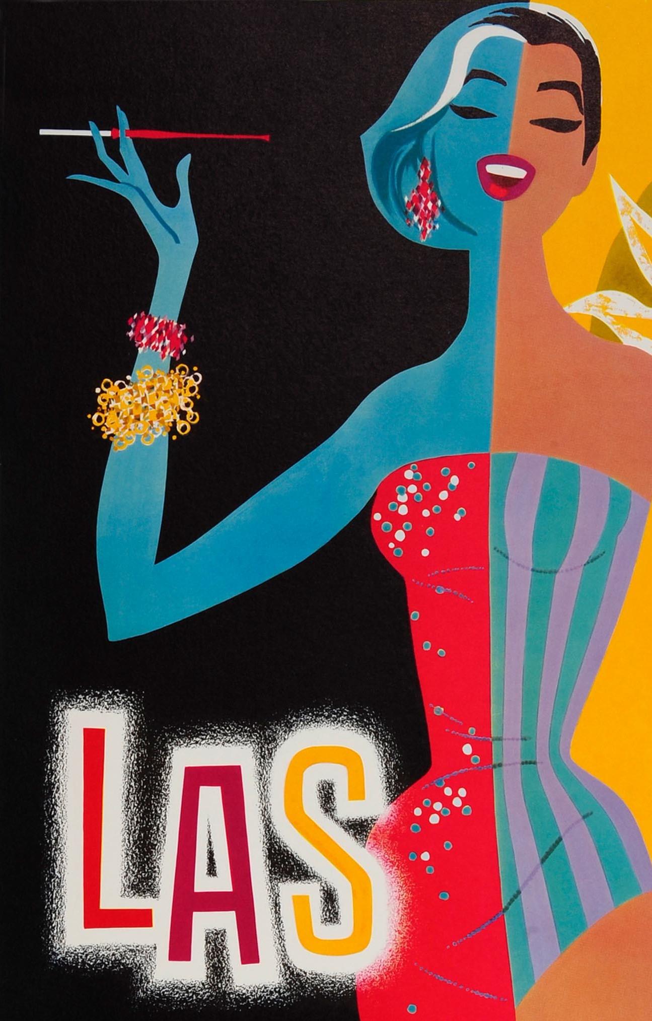 Original vintage mid century airline travel poster advertising Las Vegas by TWA Trans World Airlines. Colorful image by the notable American artist David Klein (1918-2005) featuring a smiling elegant lady enjoying Las Vegas at night and day with her