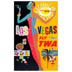 Original Vintage Las Vegas Fly Twa Poster by David Klein Trans World Airlines