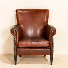 Original Vintage Leather Club Chair with Contrasting Piping