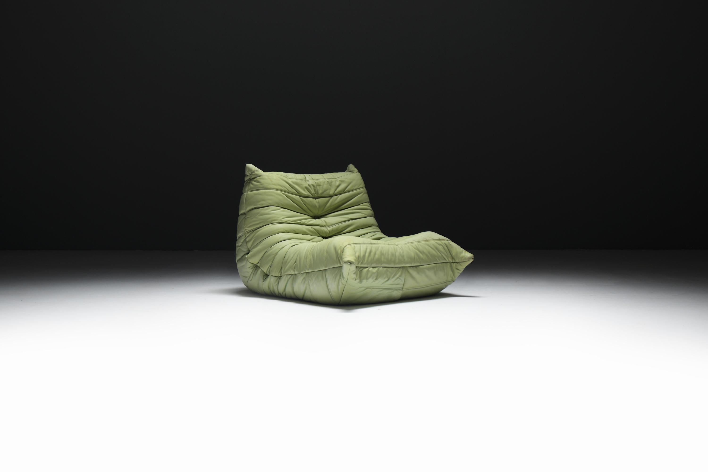 Michel Ducaroy per Ligne Roset, Togo Lounge Chair, Francia 1978
Rara edizione d'epoca in pelle verde menta

Uno straordinario esemplare da collezione dell'iconica poltrona Togo di Michel Ducaroy, prodotta da Ligne Roset nel 1978. Questa prima
