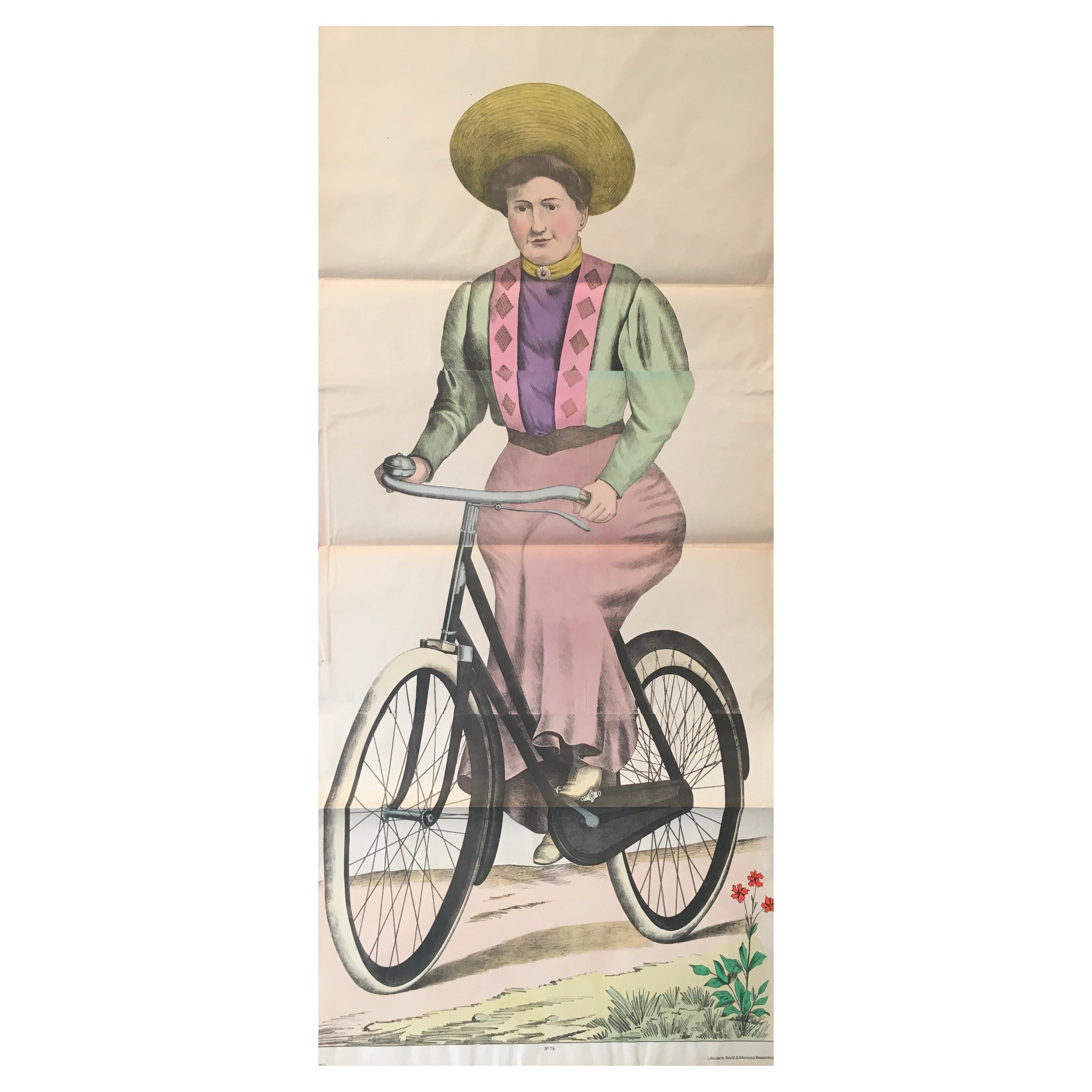 Litografía original de época, "Mujer ciclista", Francia: c. 1880