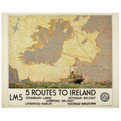 Original Vintage LMS London Midland Scottish Railway Cartel 5 Rutas A Irlanda