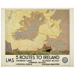 Original Used LMS London Midland Scottish Railway Poster 5 Routes To Ireland