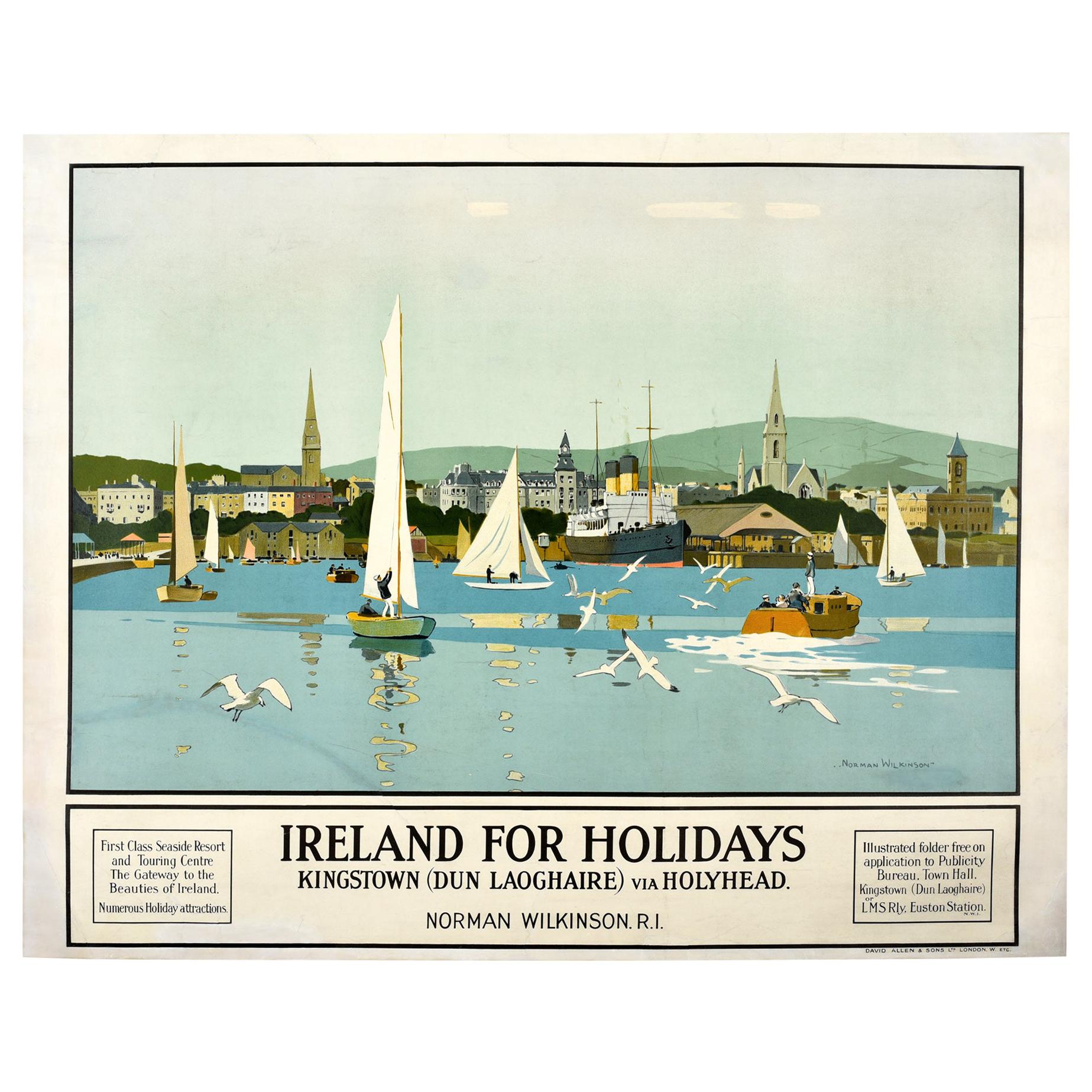 Original Vintage LMS Poster Ireland For Holidays Kingston Dun Laoghaire