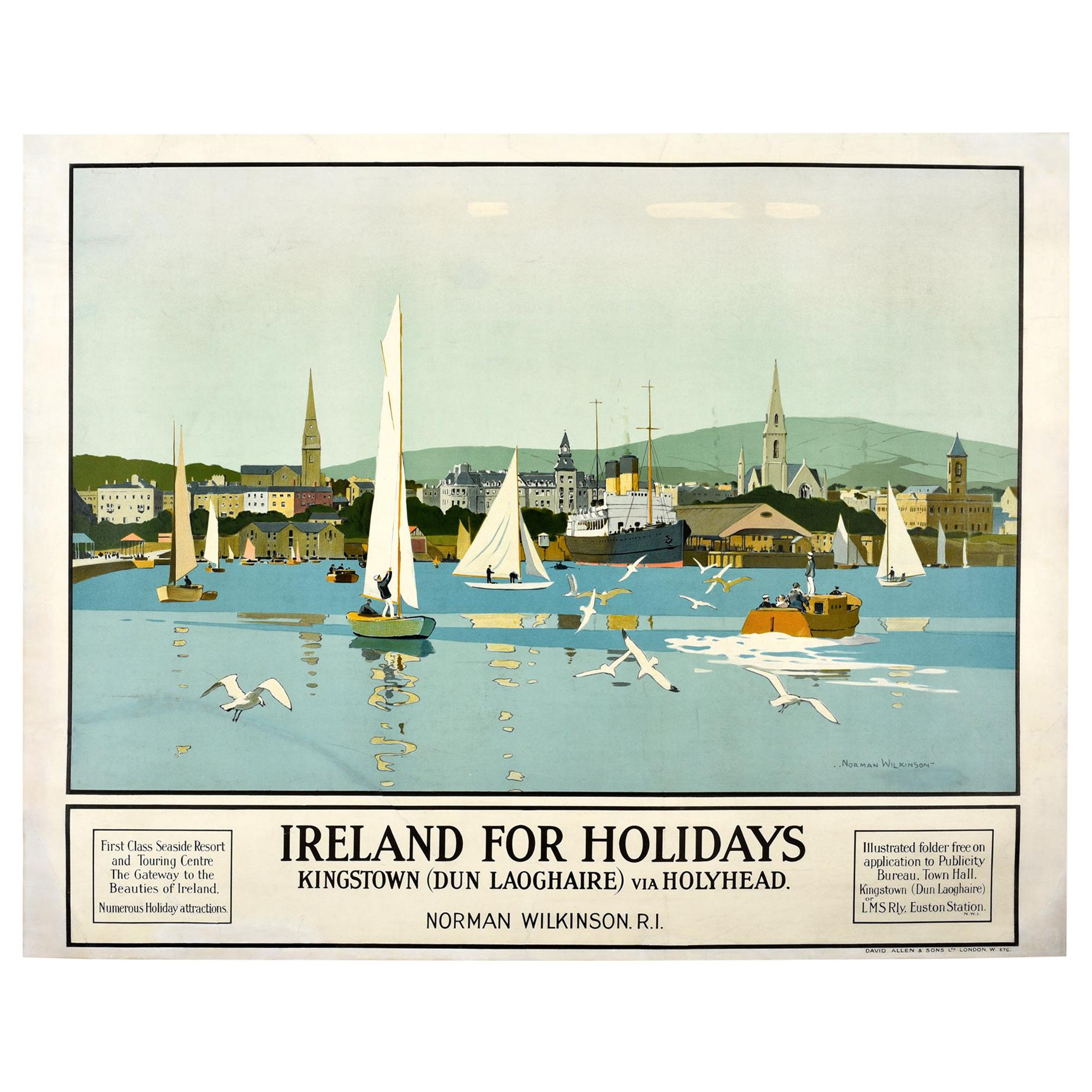 Original Vintage LMS Poster Ireland For Holidays Kingston Dun Laoghaire Sailing