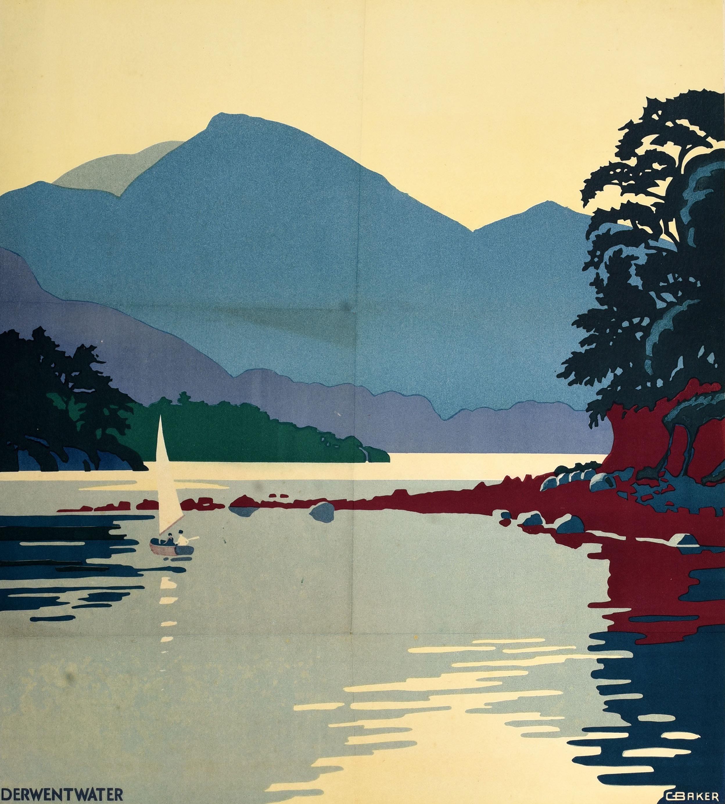 Original vintage LMS London Midland & Scottish railway poster for the Lake District featuring scenic artwork depicting a peaceful view of a sailing boat on Derwentwater with the trees, rocks and hills reflected on the calm water, the title in bold