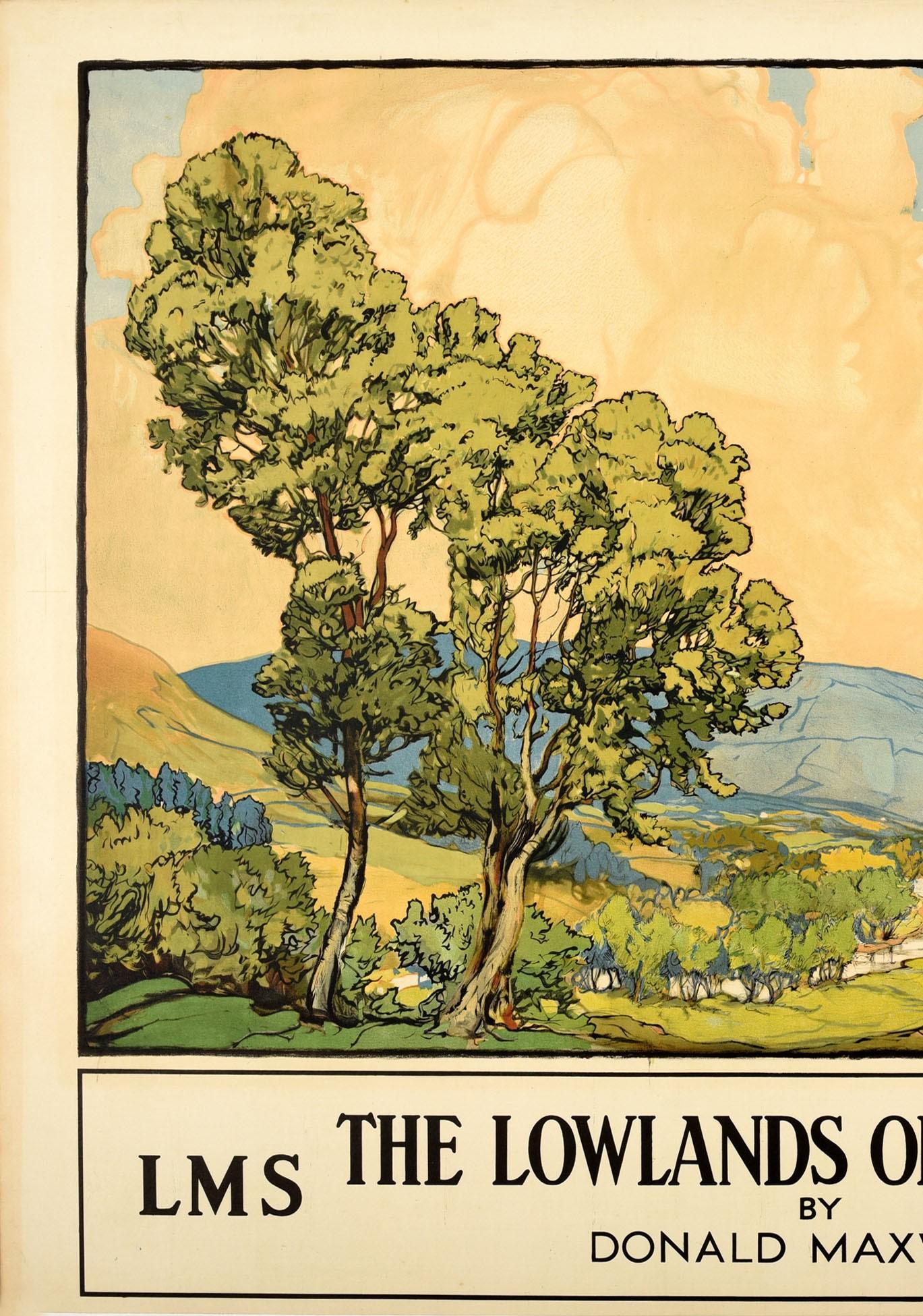 Original vintage LMS railway poster entitled The Lowlands of Scotland featuring a scenic countryside view by Donald Maxwell (1877-1936) of cows grazing in a green field surrounded by trees and hills with a river and a house in the distance, the