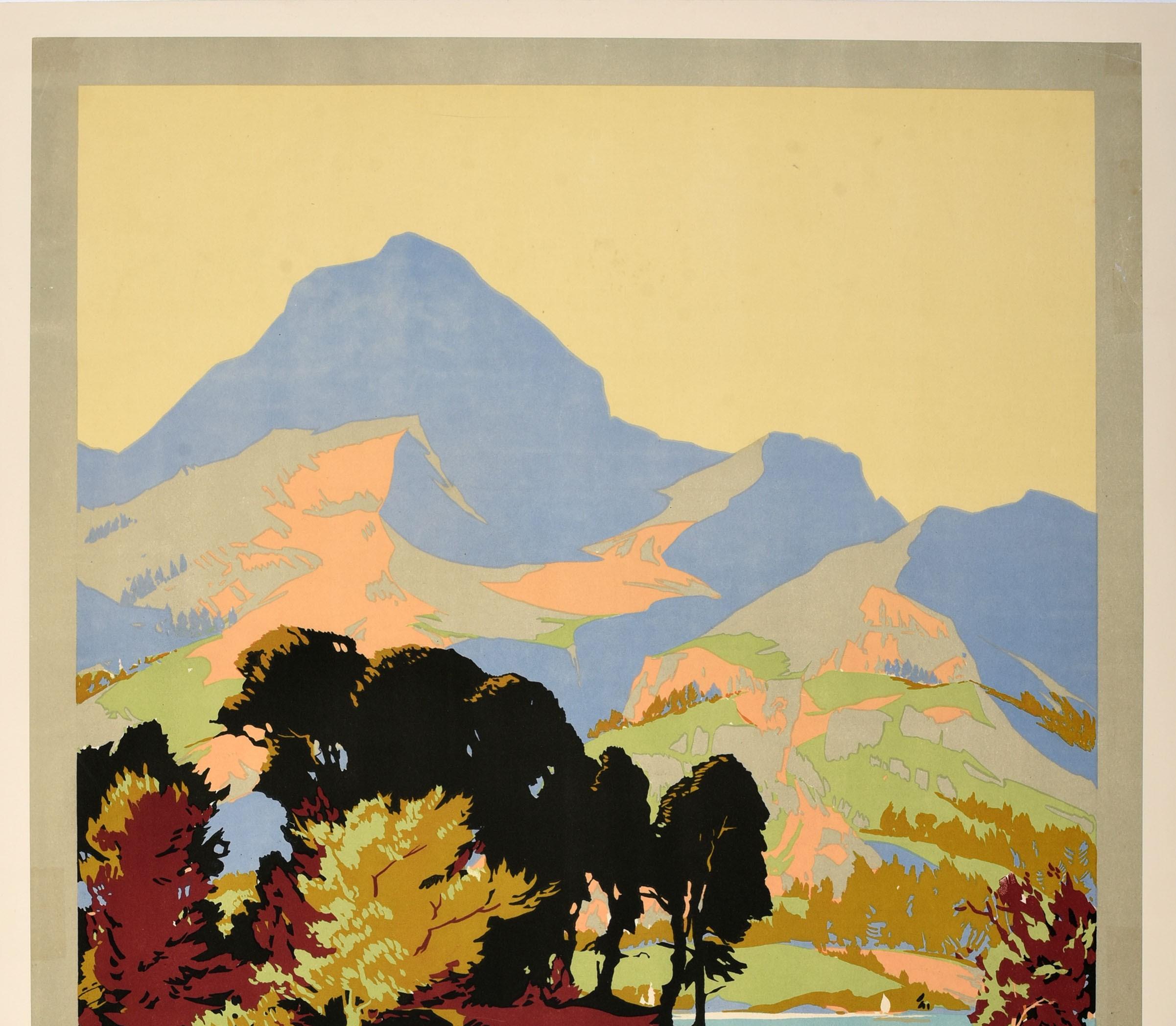 Original vintage LMS train travel poster issued by the London Midland and Scottish Railway - The Lake District For Holidays - featuring scenic artwork by the British painter John Edmund Mace (1889-1952) showing two people relaxing and enjoying the