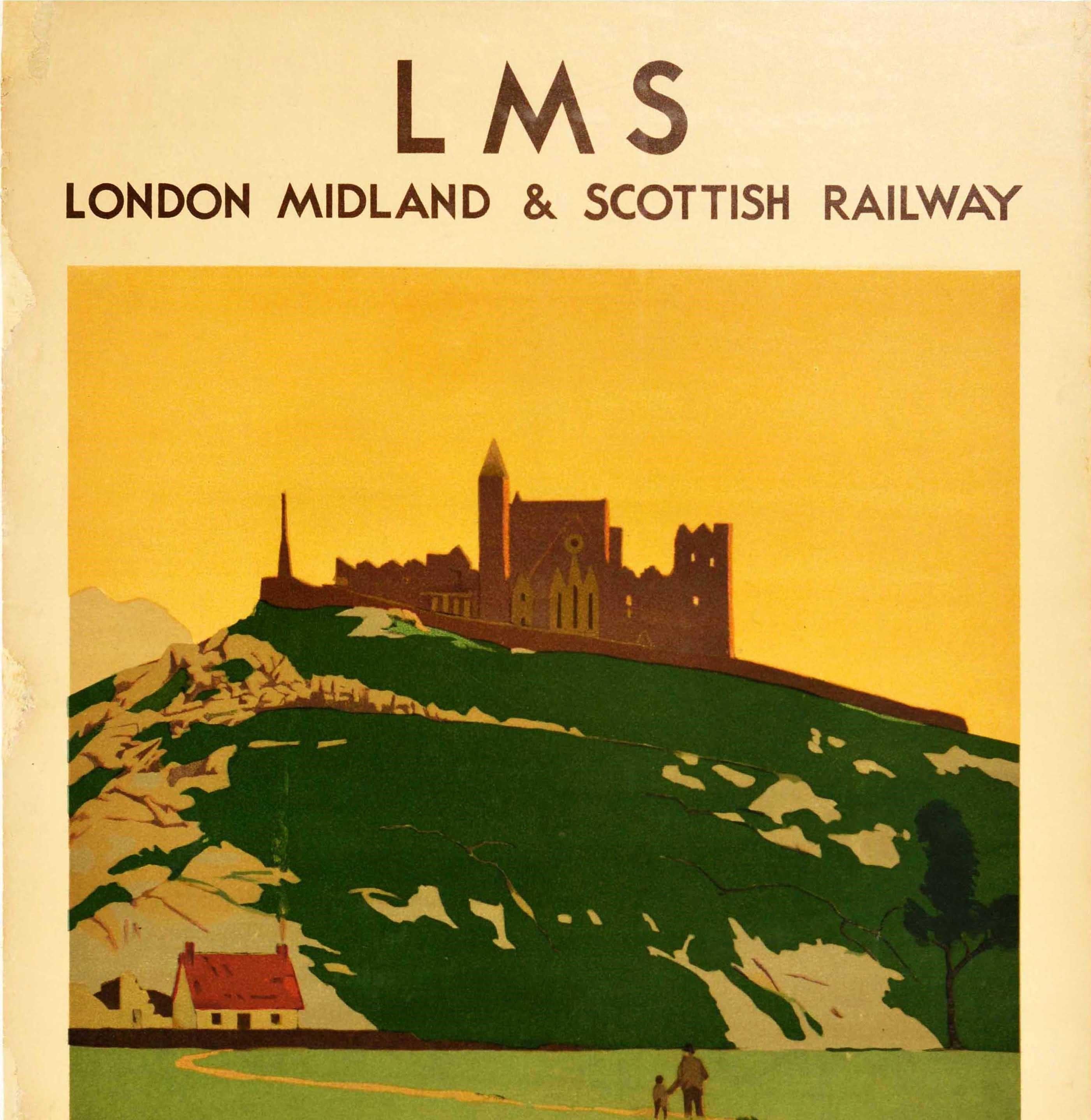 Original vintage LMS London Midland and Scottish railway travel poster - Rock of Cashel Ireland for Holidays - featuring artwork by the notable British artist and illustrator Norman Wilkinson (1878-1971) depicting a scenic view of a man and child
