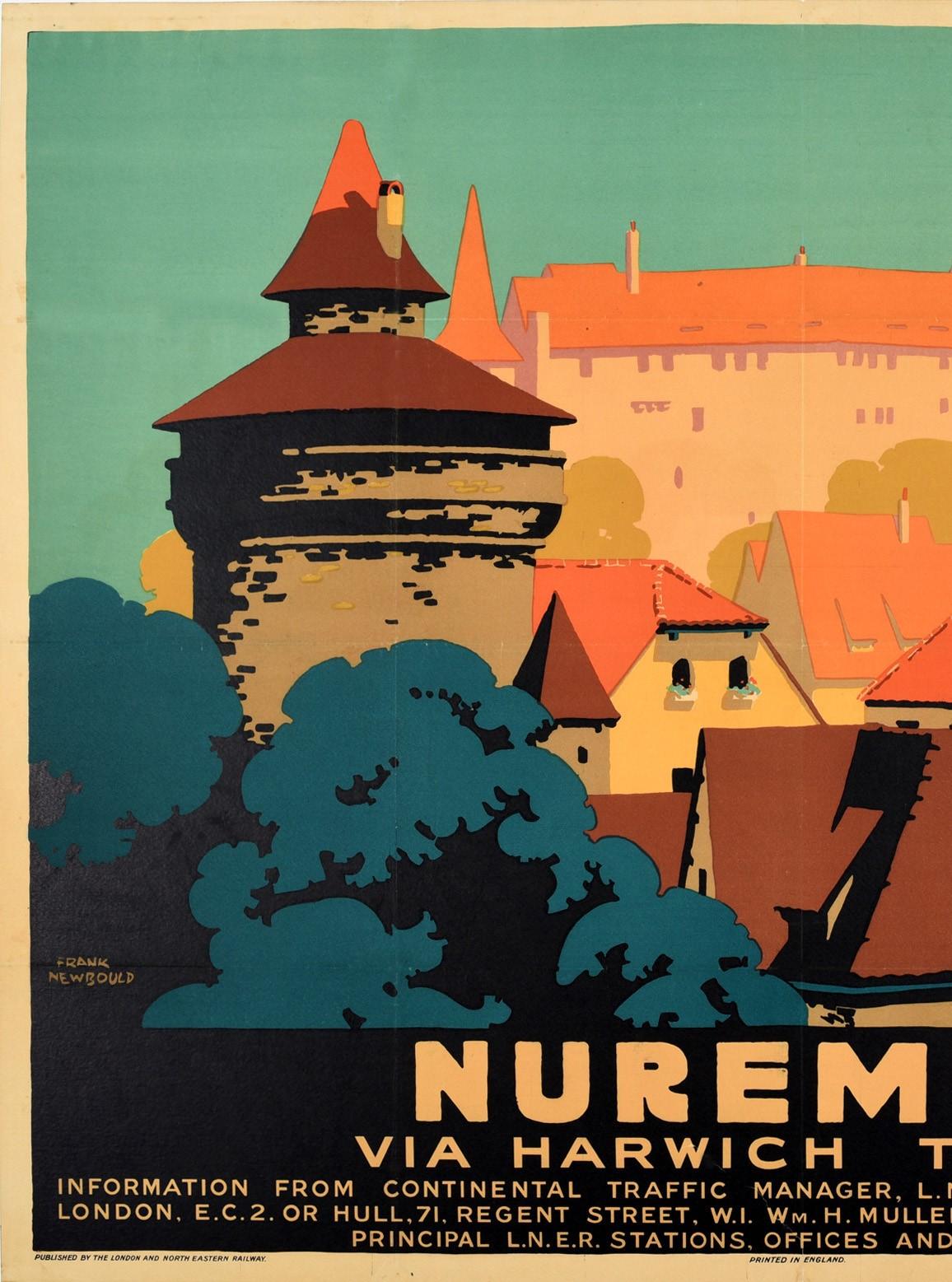 Original vintage LNER railway poster by the notable British poster artist Frank Newbould (1887-1951): Nuremburg via Harwich Twice a Day. Great design depicting a view over the roof tops of the medieval Nuremberg Castle and tree tops in the historic