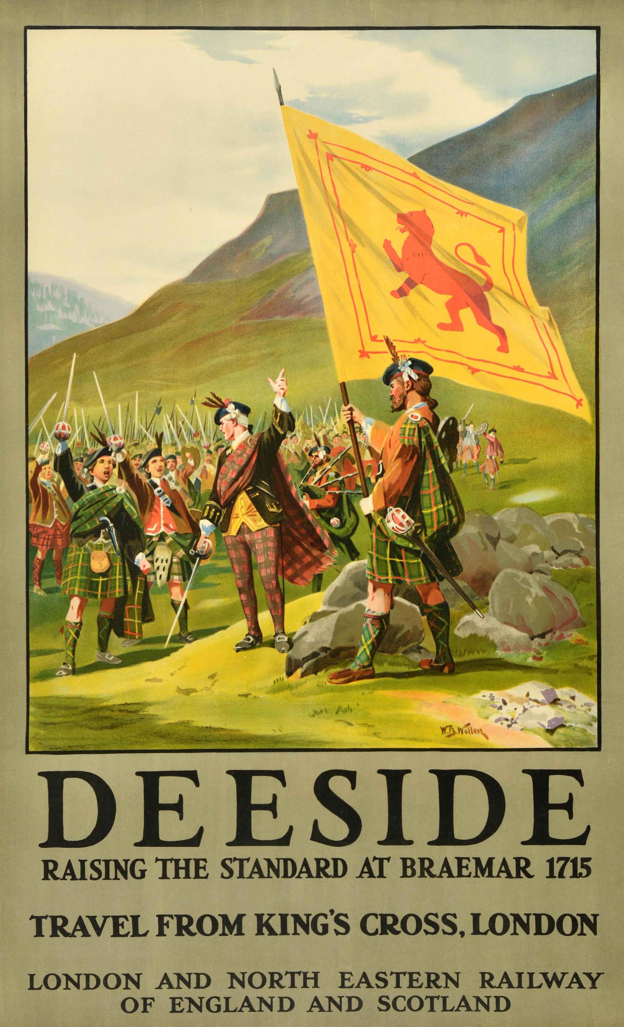 Poster pubblicitario d'epoca della ferrovia LNER - Deeside Raising the standard at Braemar 1715 Travel from William Cross London London and North Eastern Railway of England and Scotland - con un'immagine storica di William Barnes Wollen (1857-1936)