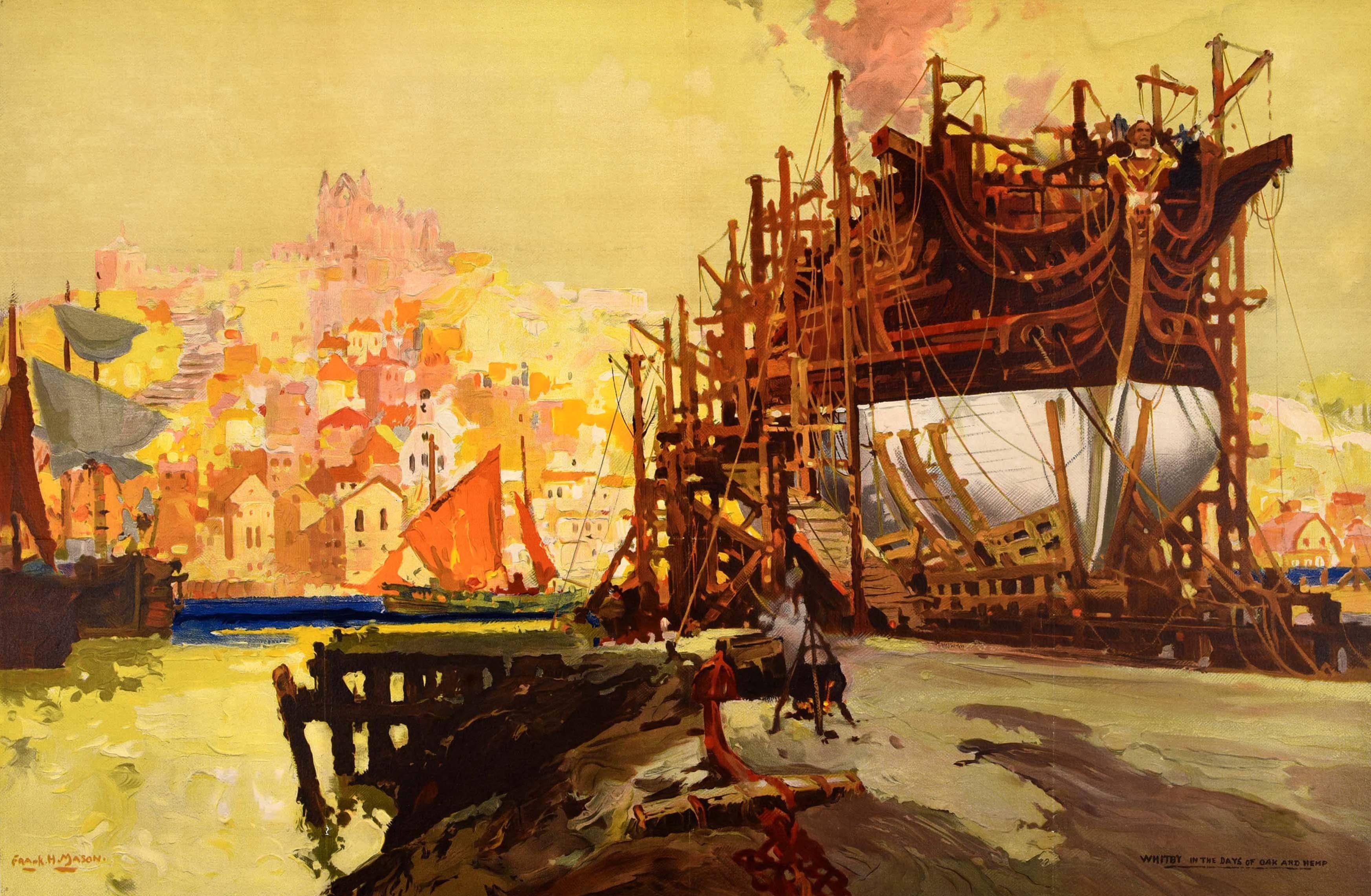 Original vintage London & North Eastern Railway train travel poster - Whitby An Ancient Port and Modern Resort It's Quicker by Rail - featuring artwork by the English artist and poster designer Frank Mason (Frank Henry Algernon Mason; 1875-1965)