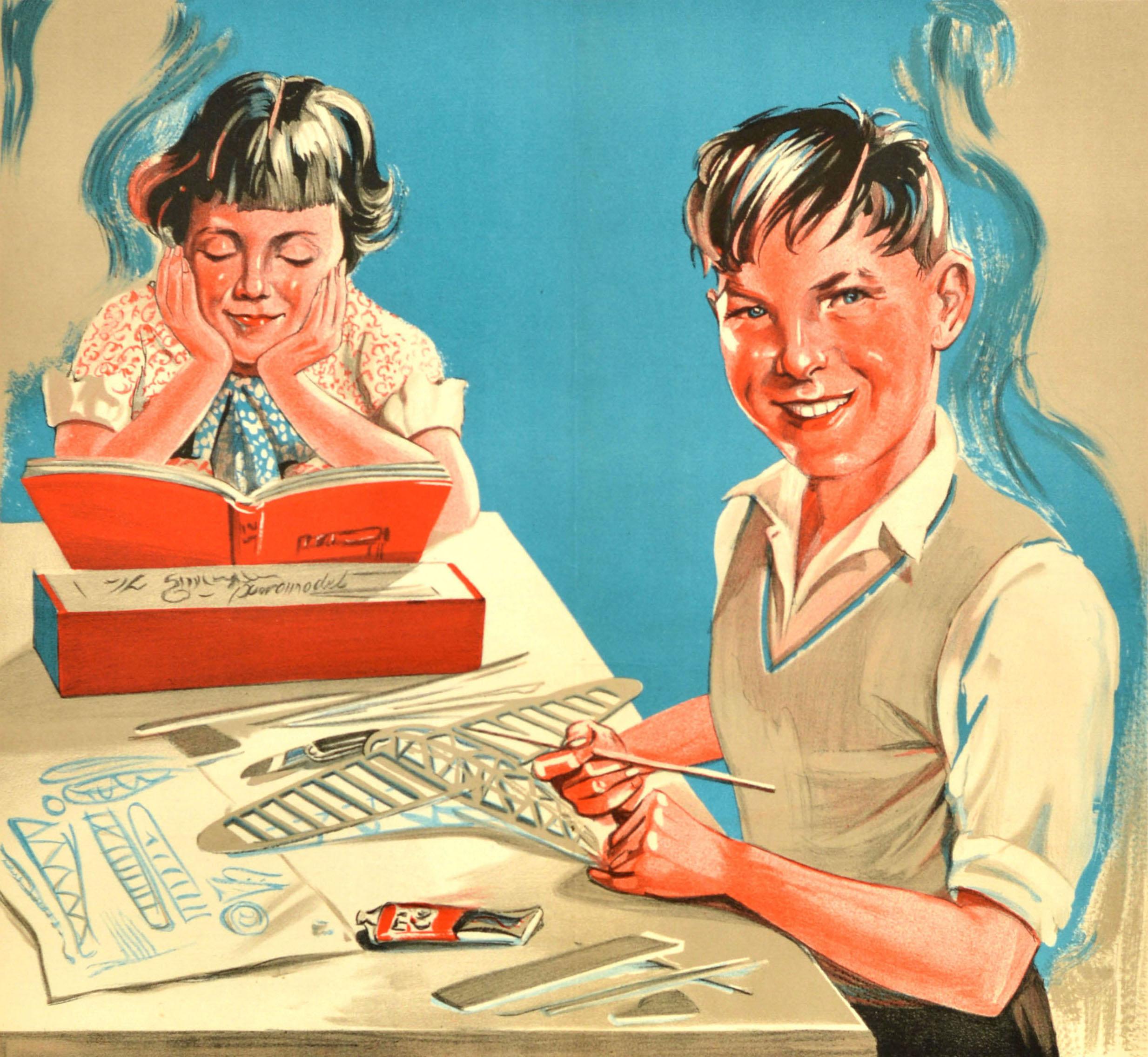 Original vintage London County Council poster - LCC Election Thursday 7 March Give them the best chance in life Vote Conservative - featuring an illustration of a school boy making a model plane and a girl reading a book with the text on the margin