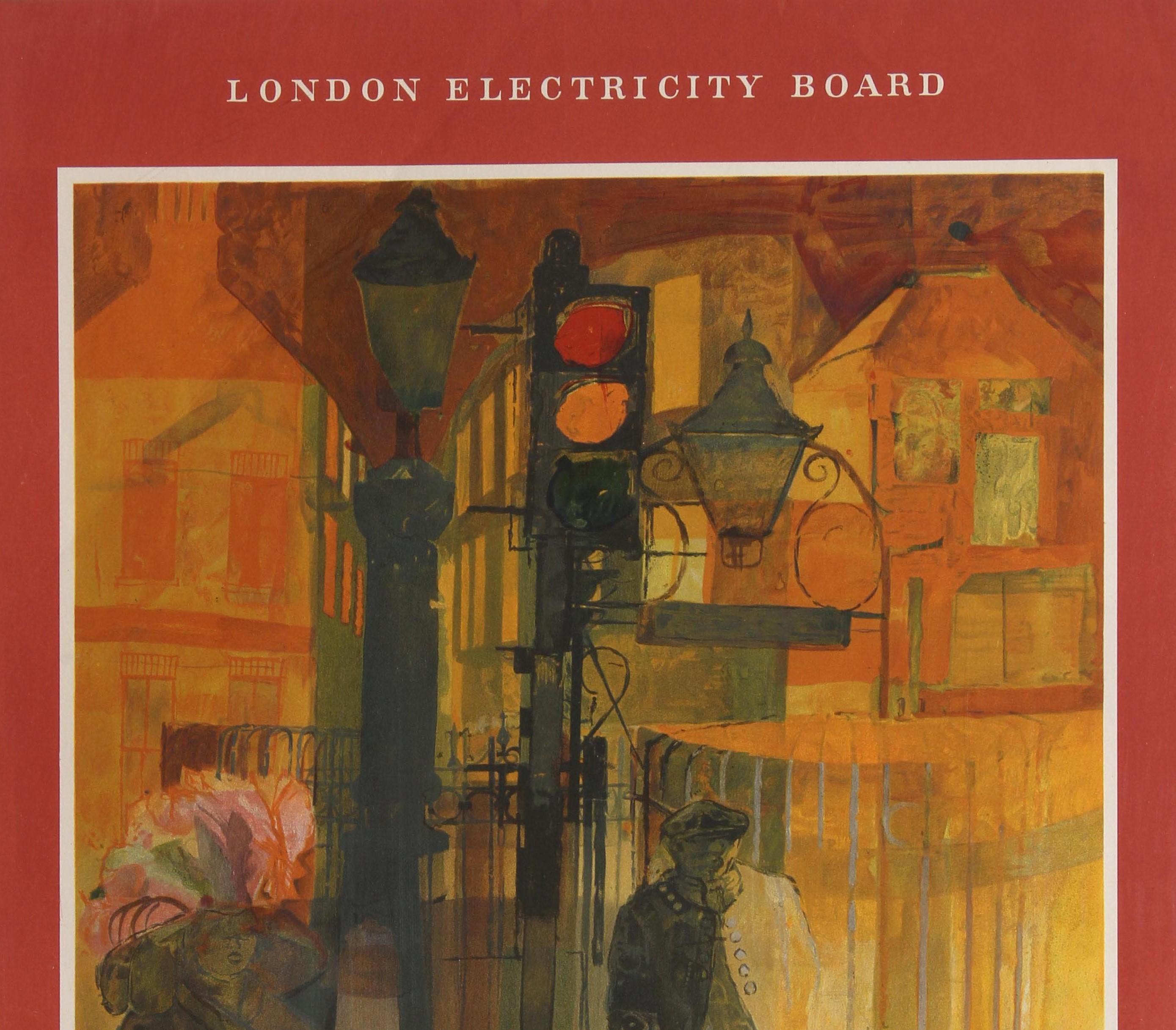 Original vintage London Electricity Board poster entitled The Power of London - Electricity featuring fantastic artwork From the painting by Leonard Rosoman produced for L.E.B. by the Royal College of Art showing a traffic light illuminating the