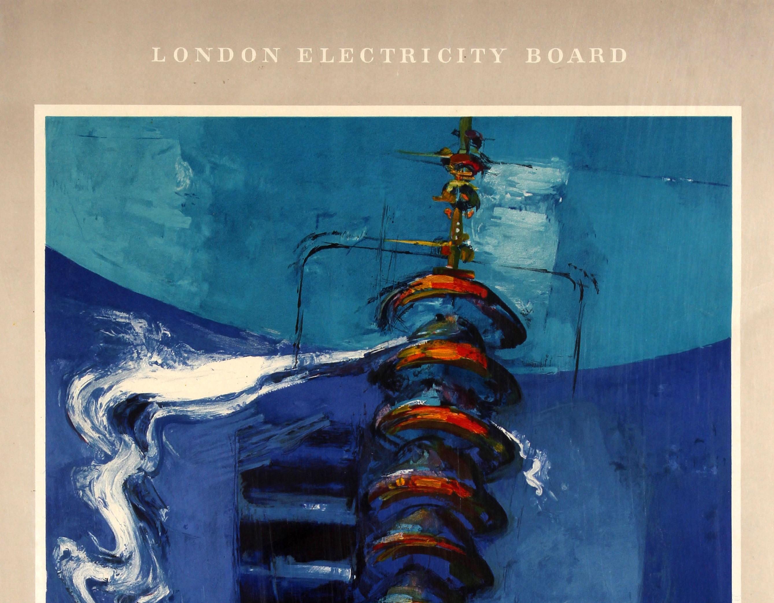 Original vintage London Electricity Board poster entitled The Power of London - Electricity featuring a bold and colourful artwork From a painting by Donald Hamilton Fraser (1929-2009) showing an electrical insulator in front of a white and blue