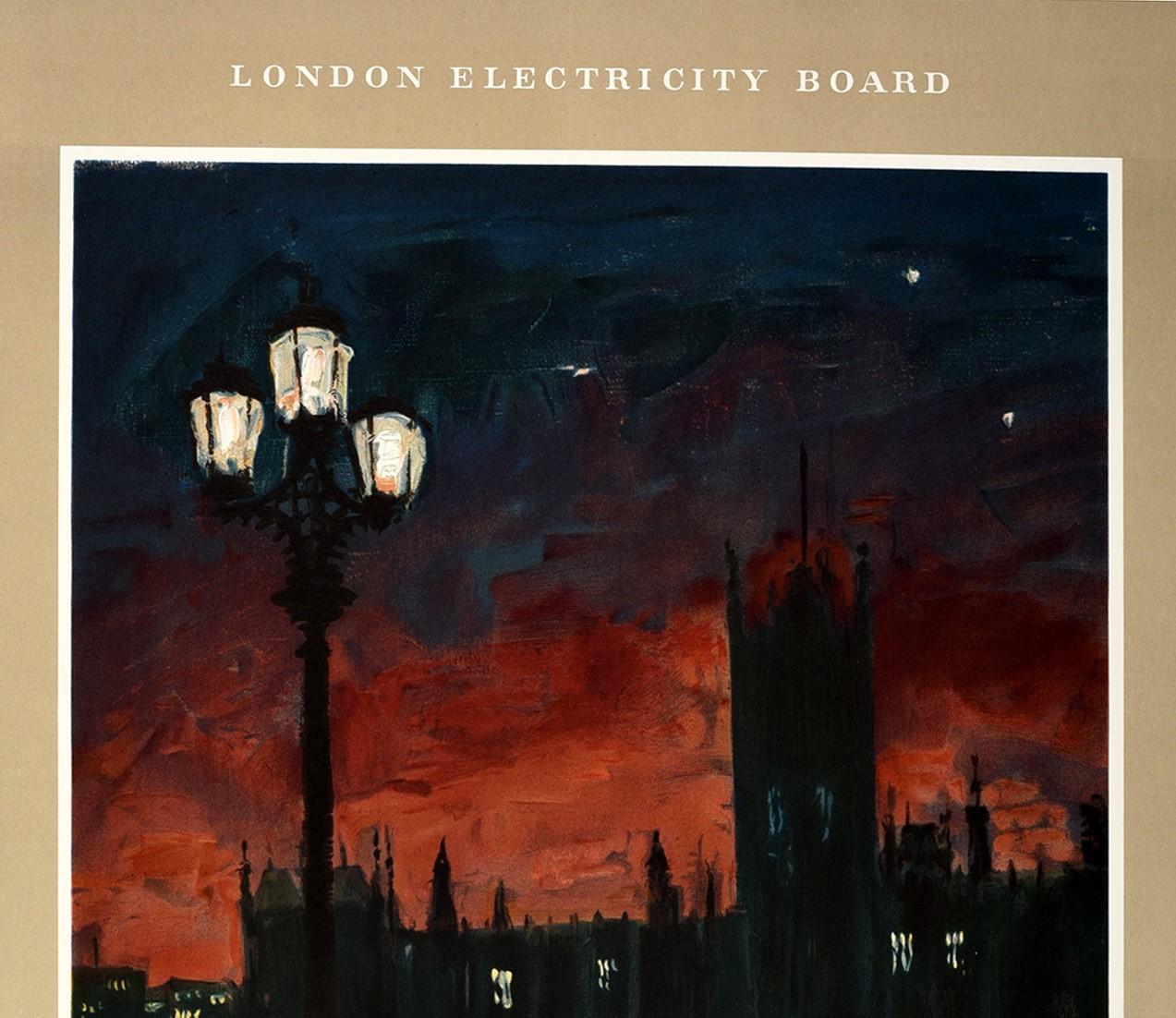 Original vintage London Electricity Board poster entitled The Power of London - with the black text missing on the border featuring fantastic artwork From the painting by Robin Darwin (1910-1974) showing the Houses of Parliament and Palace of