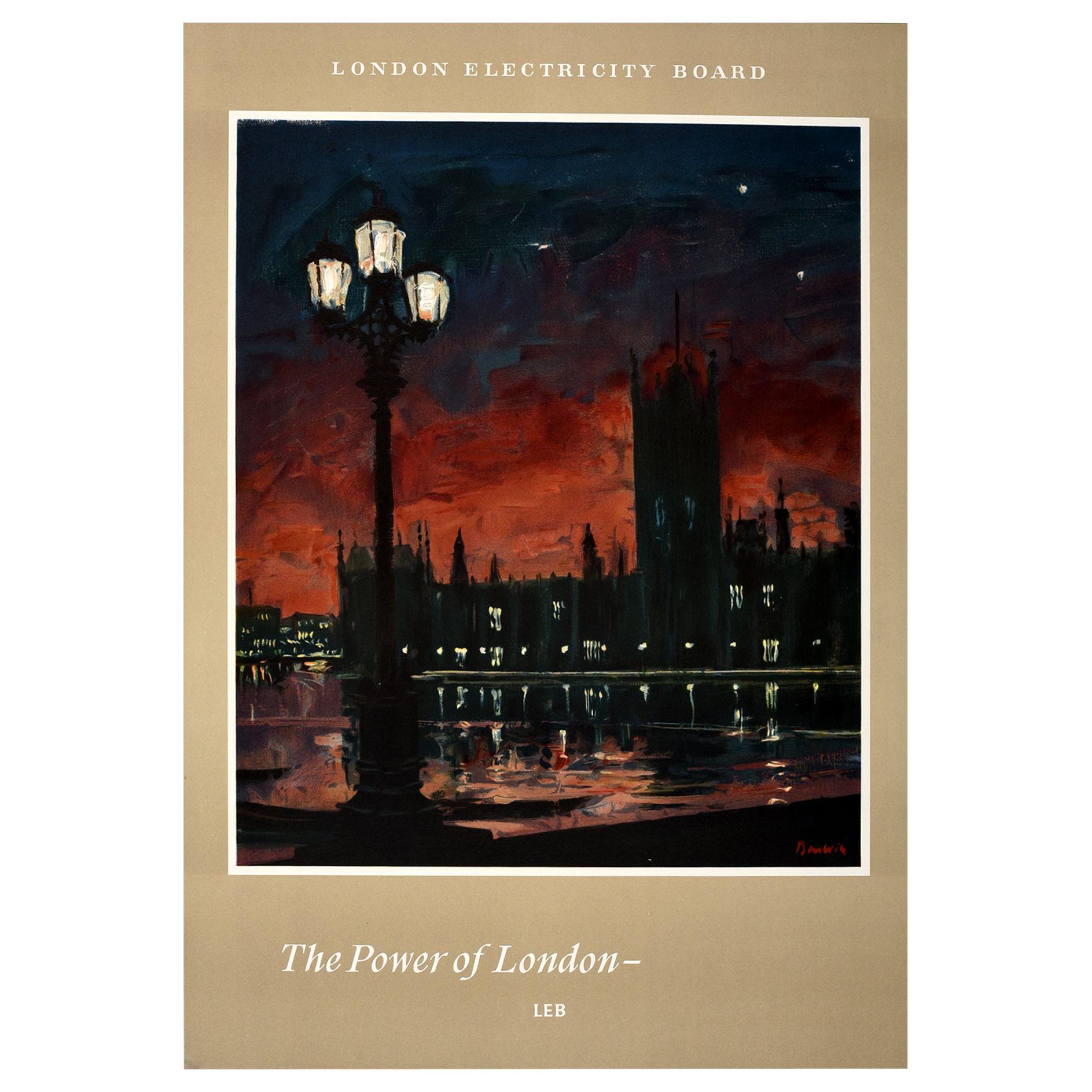 Original Vintage London Electricity Board Poster The Power Of London Parliament