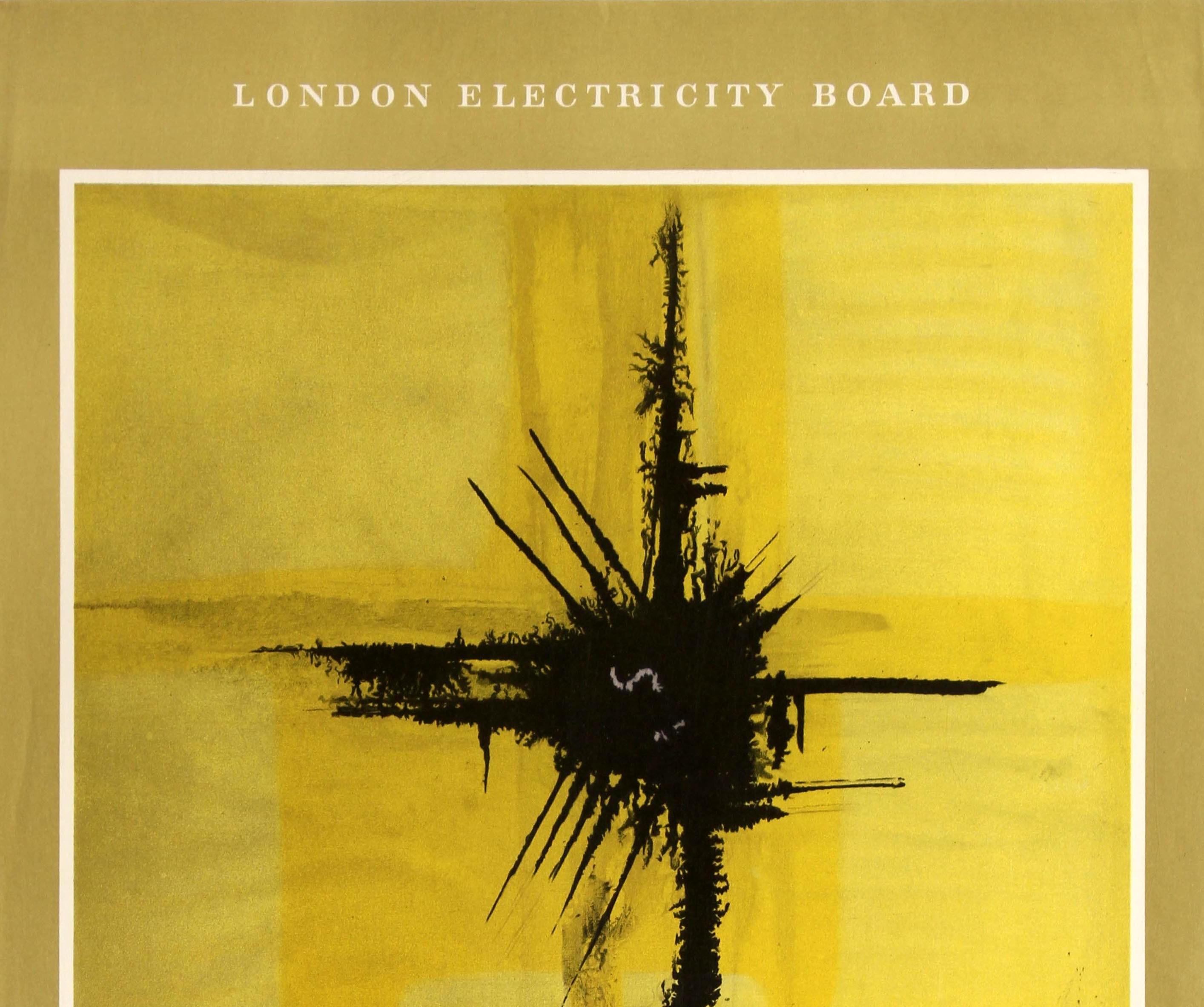 Original vintage London Electricity Board poster entitled The Power of London - Electricity featuring fantastic artwork From the design by Geoffrey Clarke produced for L.E.B. by the Royal College of Art showing an abstract artwork by the artist and