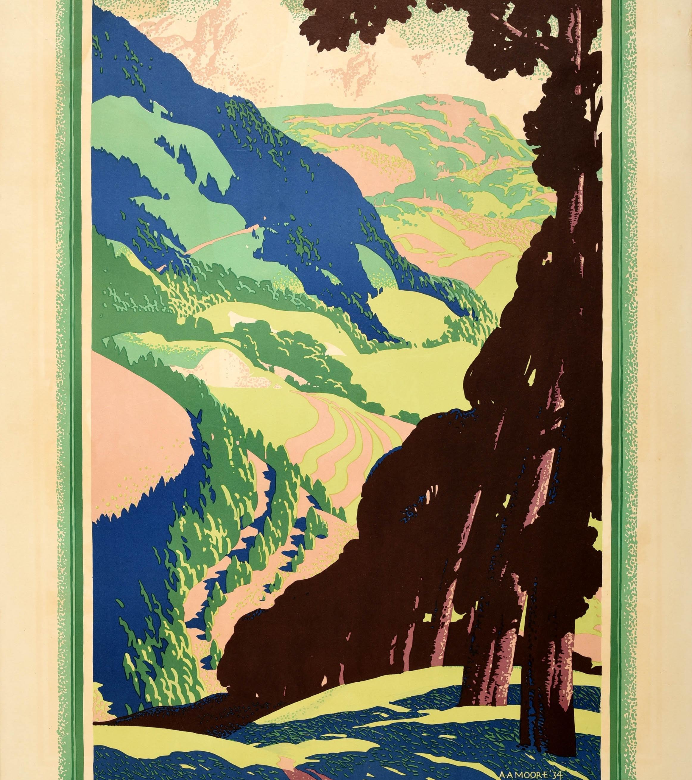 Original vintage London Transport travel poster - At London's Service - featuring a scenic countryside view of trees and fields with woods and forests on the hills in the distance set within a green shaded border on the sides, the bold stylised