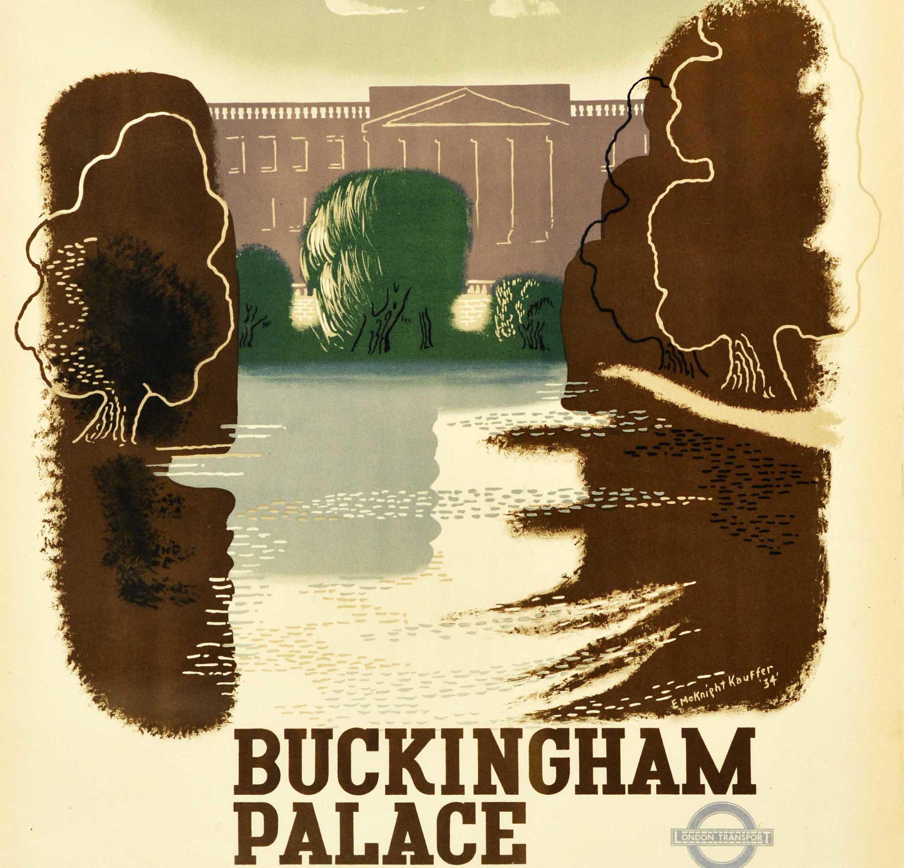 Original vintage London Transport poster designed by one of the most renowned poster artists of the 20th century Edward McKnight Kauffer (1890-1954) featuring a scenic view of Buckingham Palace from St. James's Park with the trees reflected on the