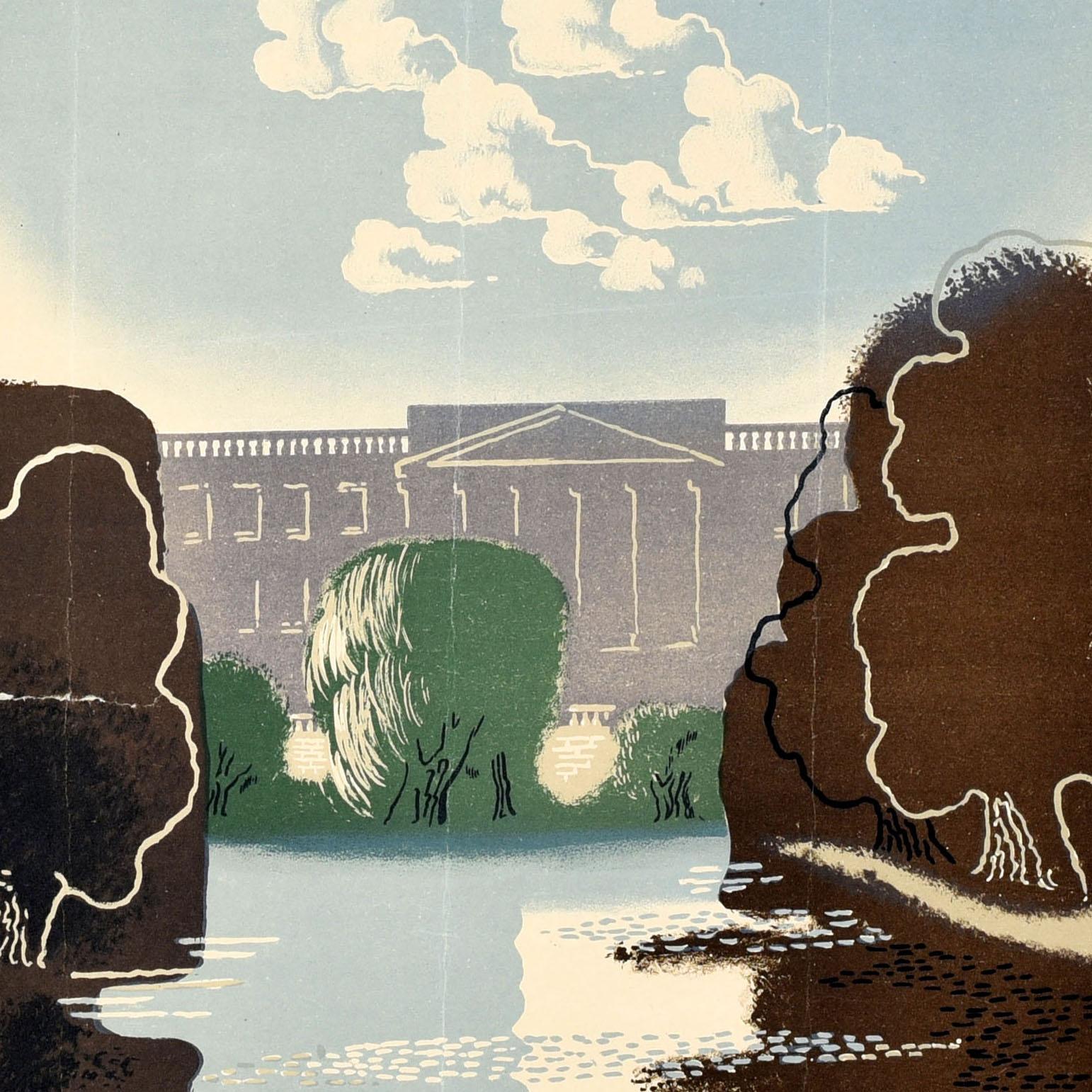 Original Vintage London transport poster designed by one of the most renowned poster artists of the 20th century Edward McKnight Kauffer (1890-1954) featuring a scenic view of Buckingham Palace from St. James's Park with the trees reflected on the