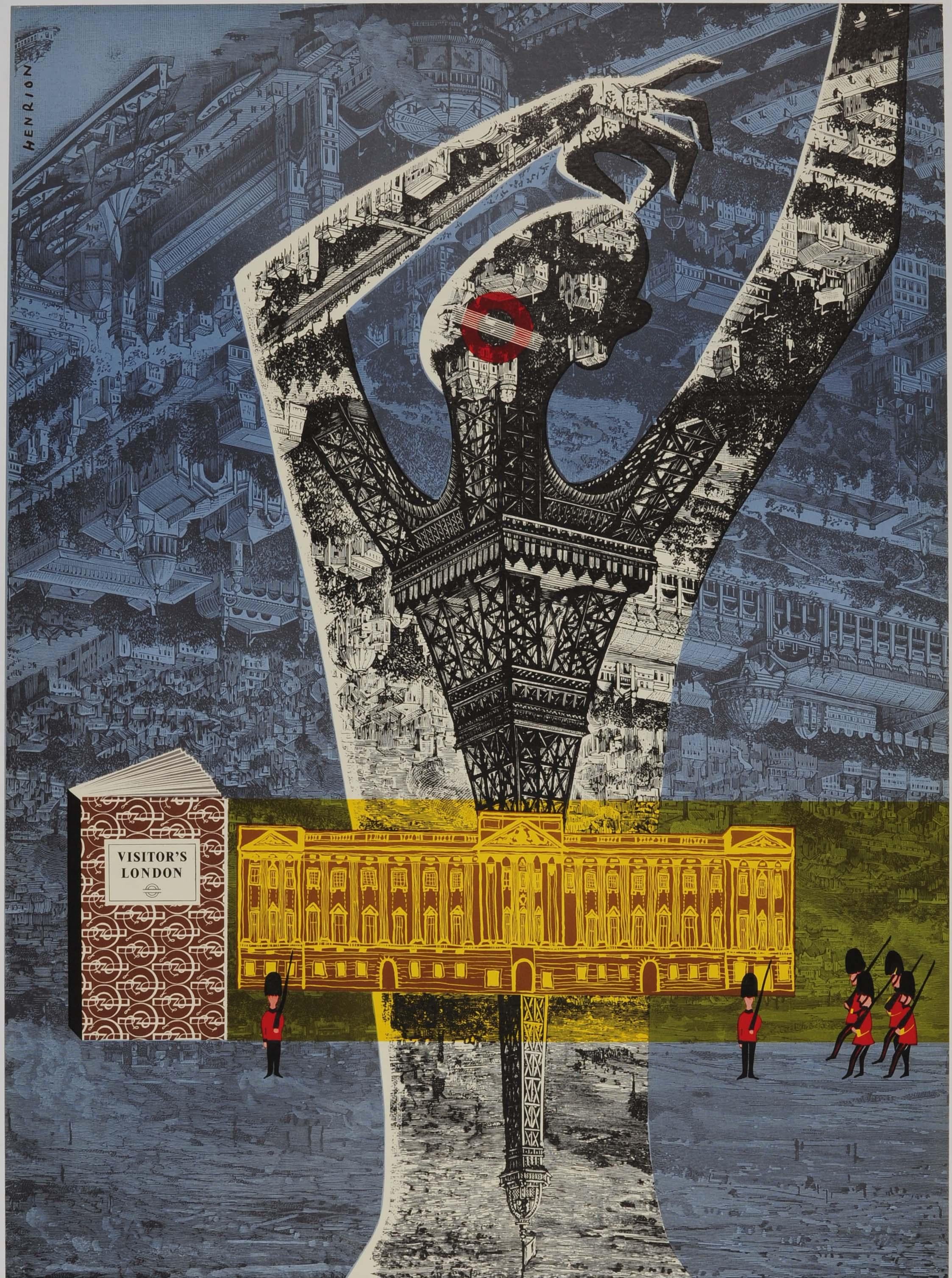 Affiche publicitaire originale pour un guide touristique de Londres - Visitor's London - réalisée par le célèbre graphiste Frédéric Henri Kay Henrion (1914-1990) représentant une illustration surréaliste du milieu du siècle d'une figure en noir et