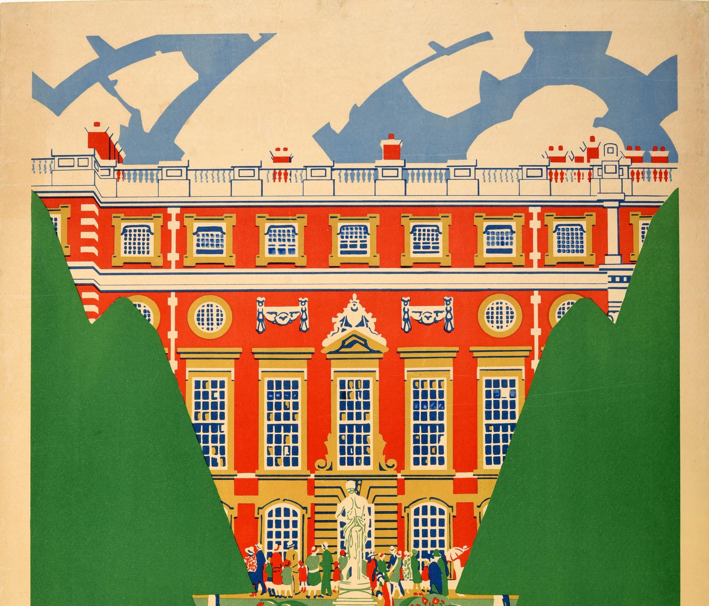 Original vintage London Transport poster promoting travel By Tram to Hampton Court featuring a colourful view from the gardens towards the historical royal palace depicting people enjoying their visit with flowers on both sides of a statue framed by