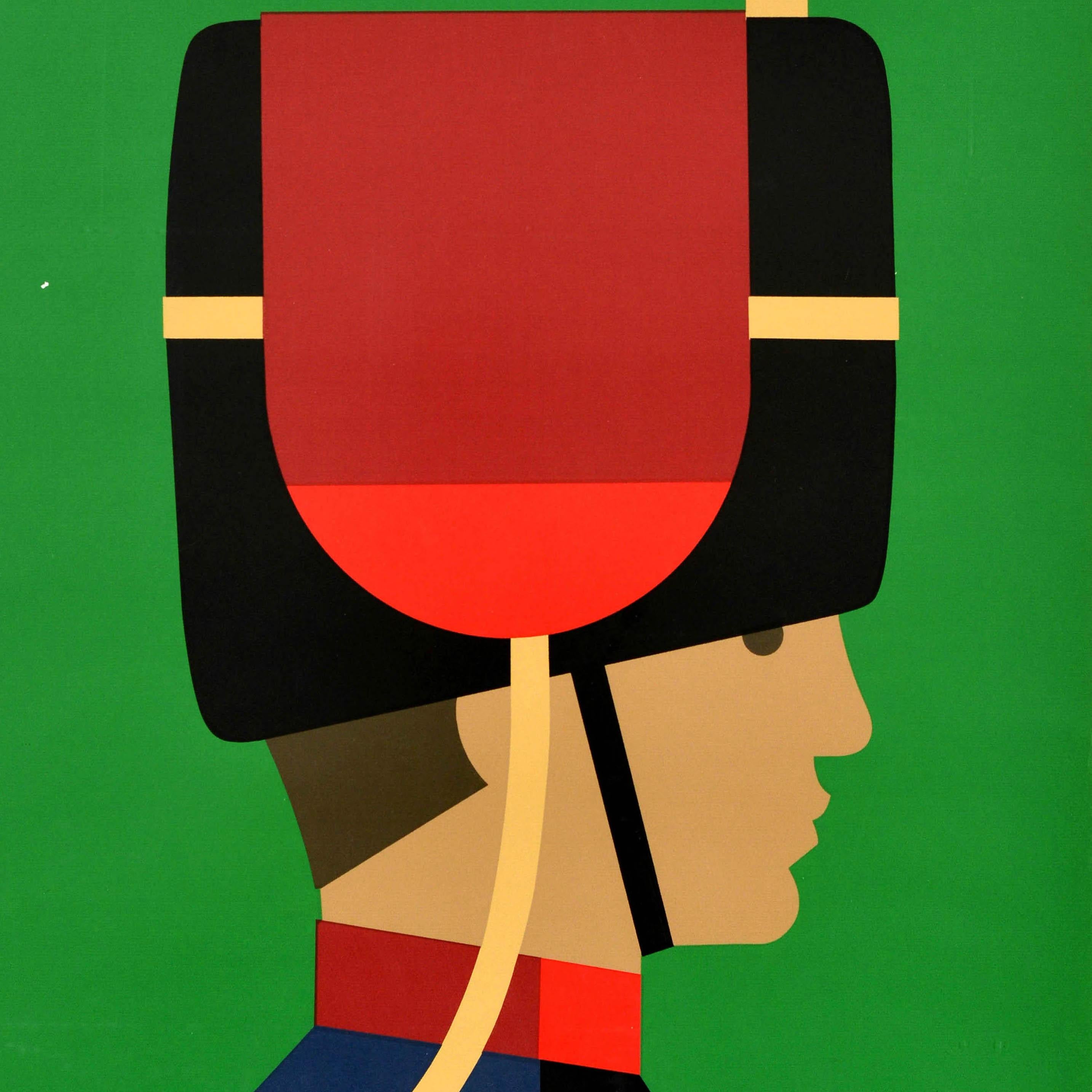 Original vintage London Transport poster featuring a great graphic design by the notable artist Tom Eckersley (1914-1997) depicting a Royal Guard in uniform on a green background, with the title in white and text in black above - Ceremonial London