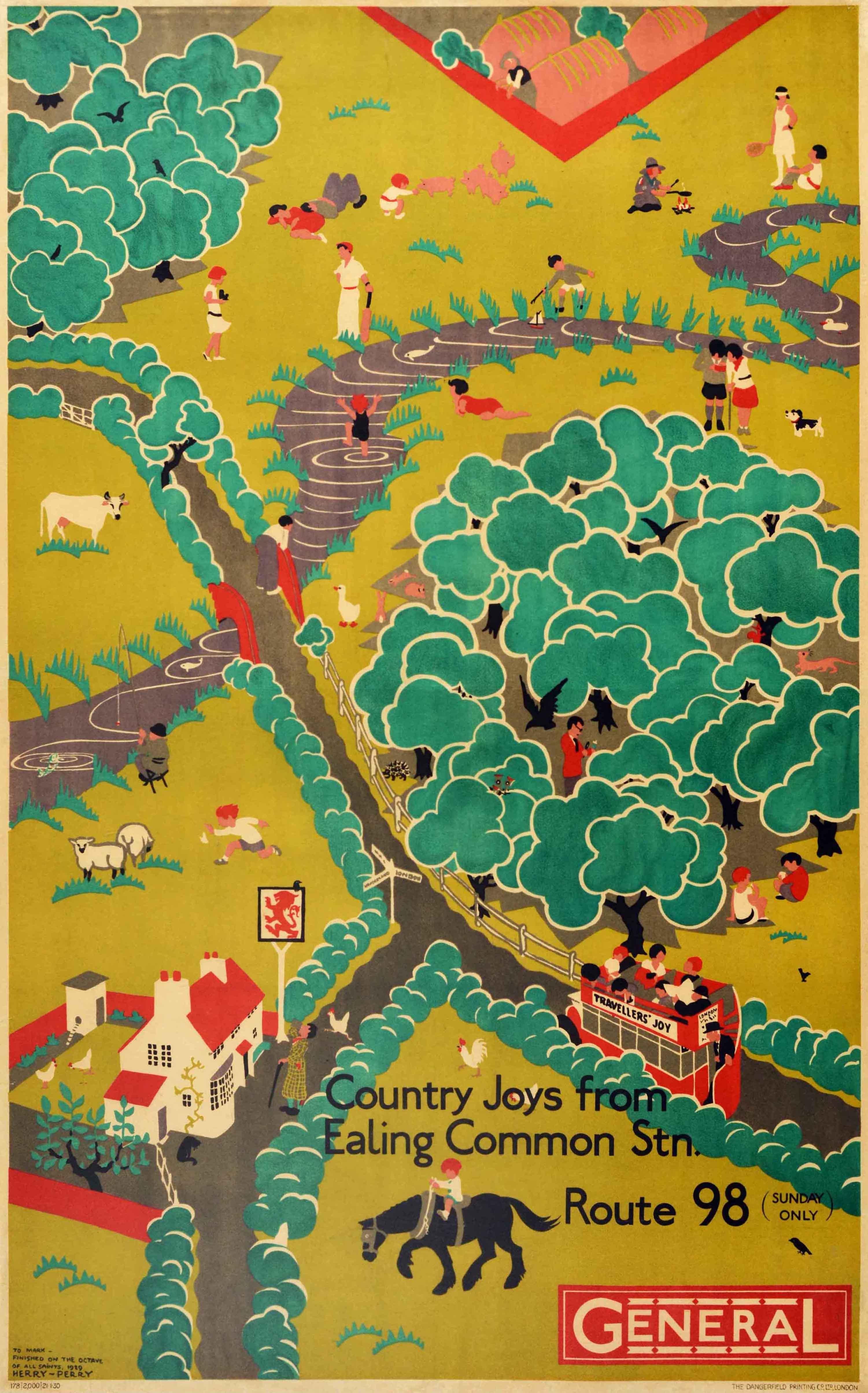 Original vintage London Transport travel poster - Country Joys from Ealing Common Station General Route 98 (Sunday Only) - featuring stunning artwork by the British artist Heather Perry (Herry; 1893-1962) showing people on a red rover open topped