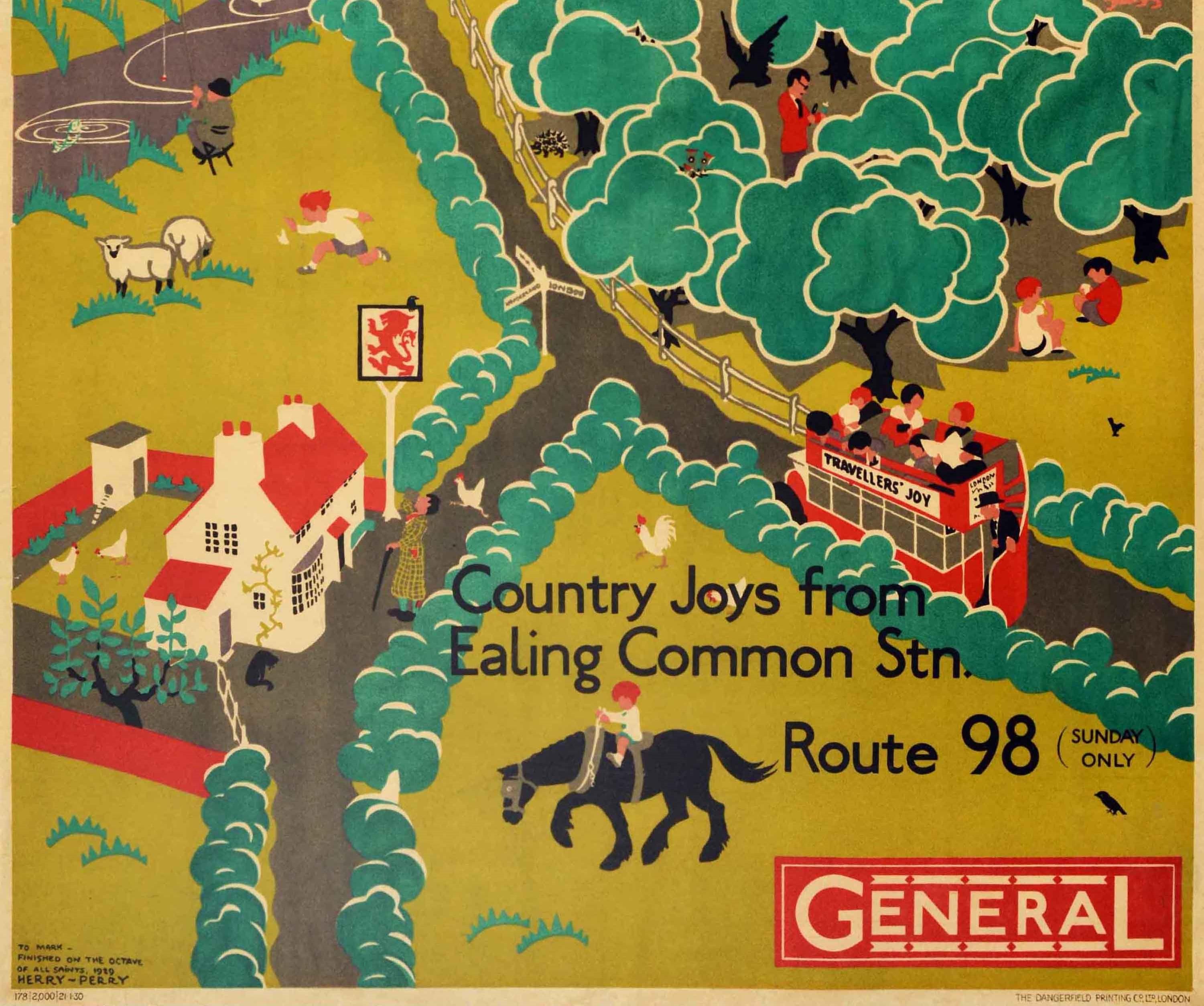 Mid-20th Century Original Vintage London Transport Poster Country Joys Ealing Common General Bus For Sale