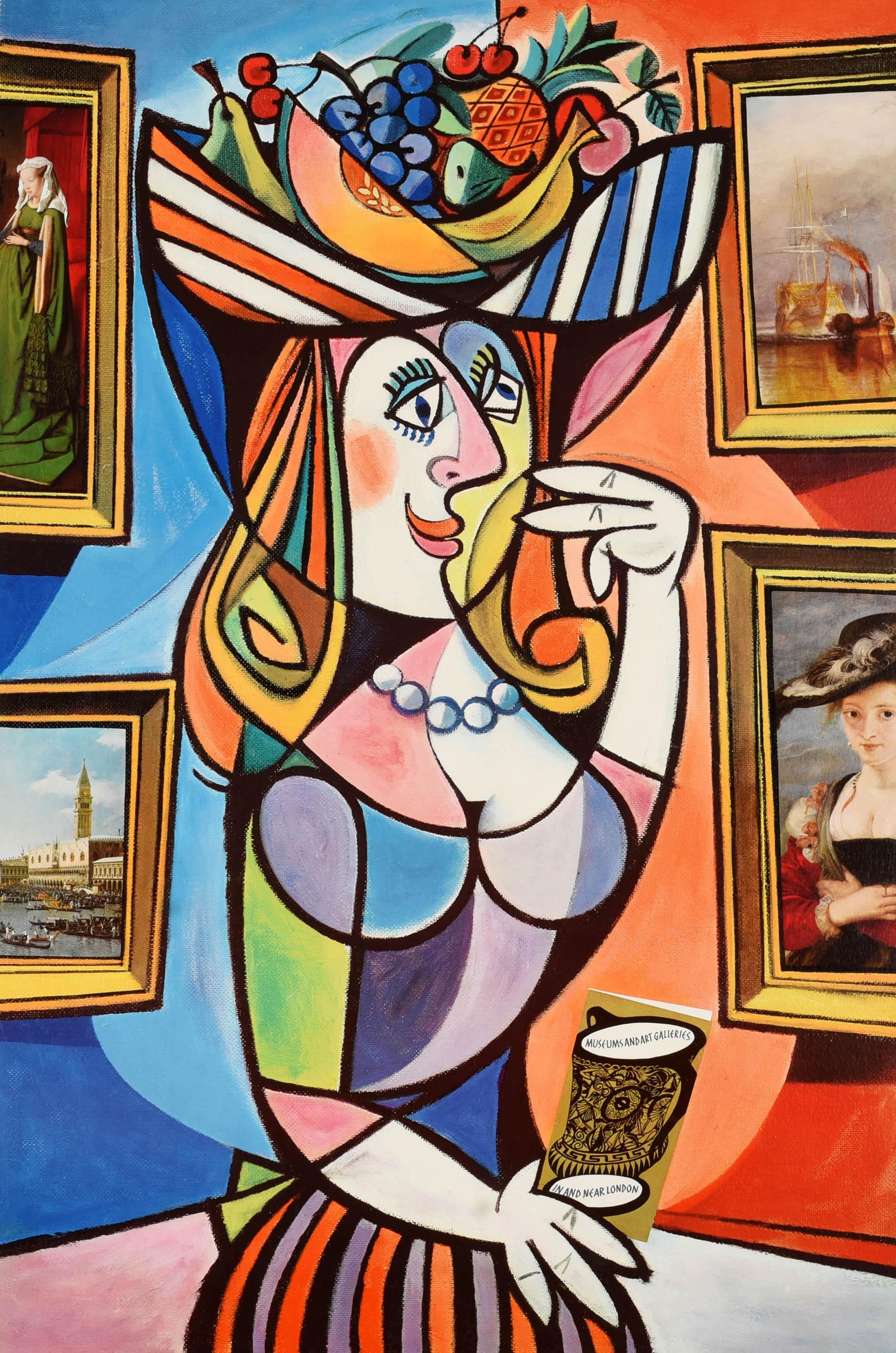 Original vintage London Transport Art Collection poster - A Tribute to a Master Femme Bien Informee / Knowledgeable Woman - featuring a colourful Pablo Picasso inspired design by Harry Stevens (1919-2008) depicting a smiling lady wearing a hat