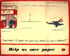Original Vintage London Transport Poster Fougasse Save Paper WWII Double Decker